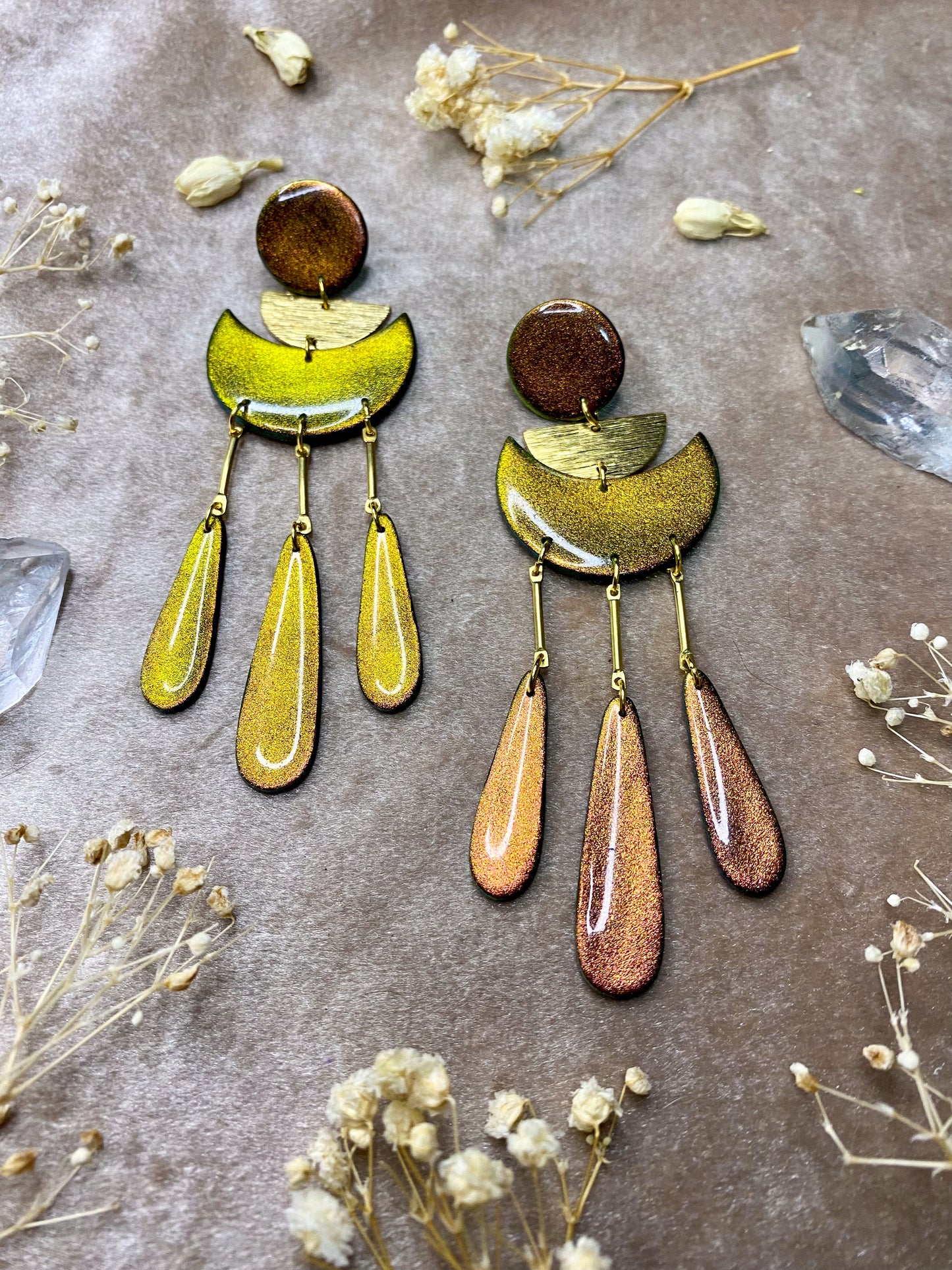 Moon Drop Color Shift (Bronze/Green) Earrings