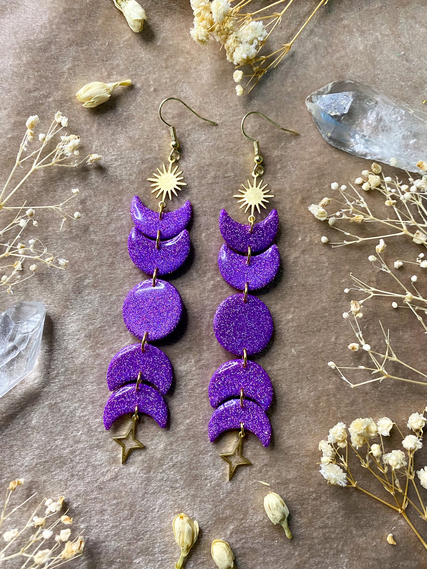 polymer clay and resin holographic glitter moon phase dangle earrings