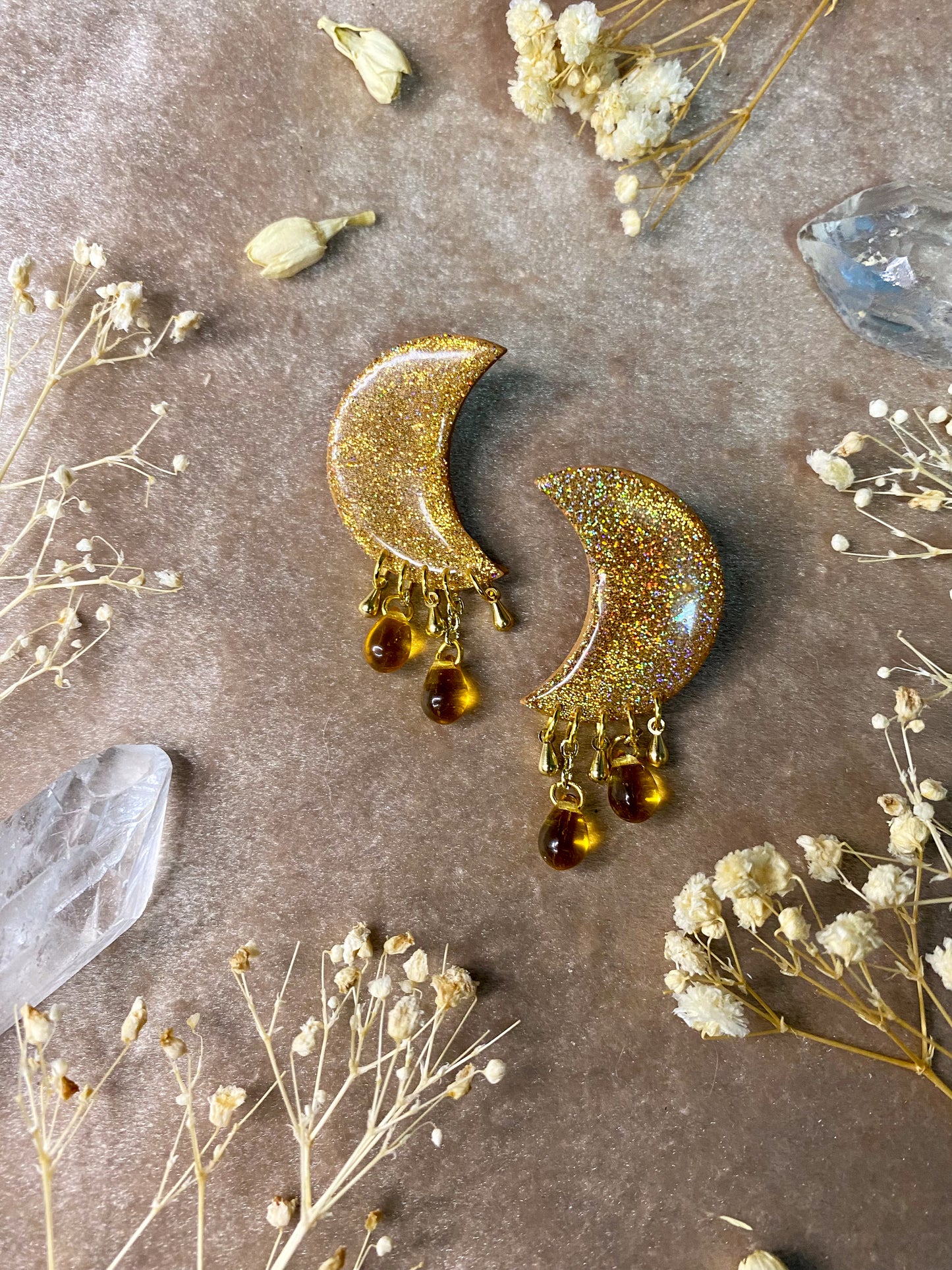 Gold Holographic Moon Stud Dangle Earrings