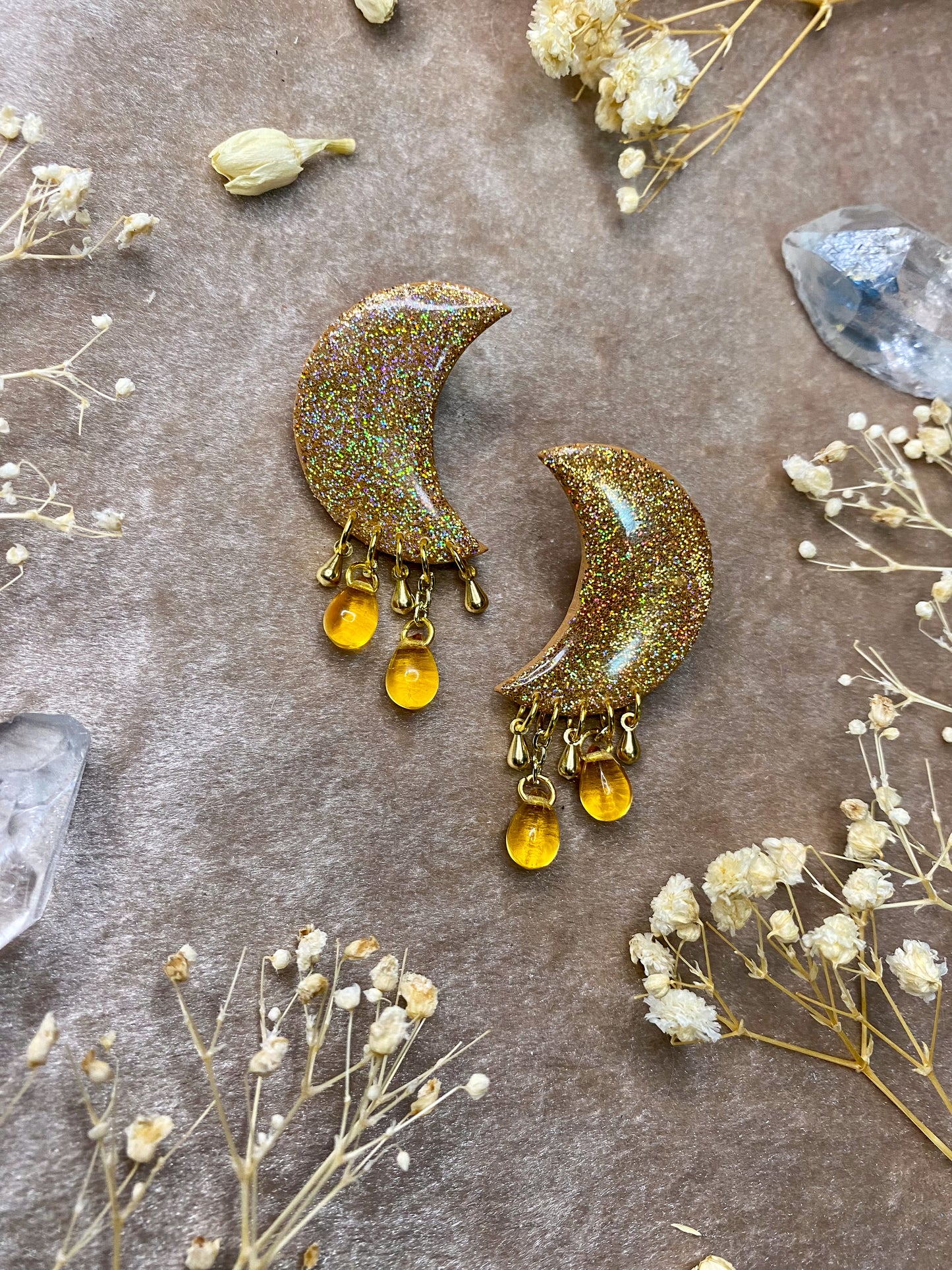 Gold Holographic Moon Stud Dangle Earrings