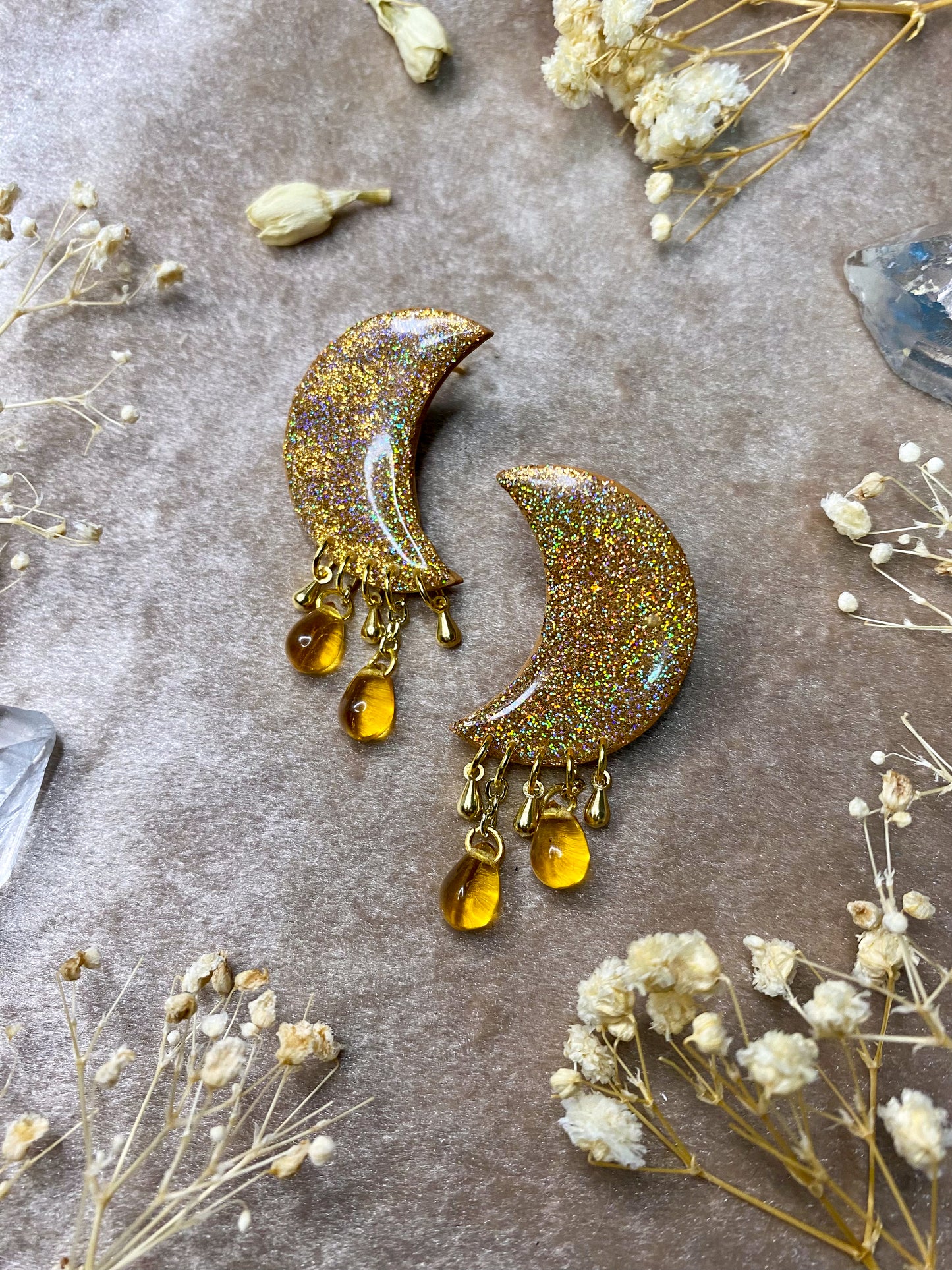 polymer clay and resin holographic moon stud dangle earrings