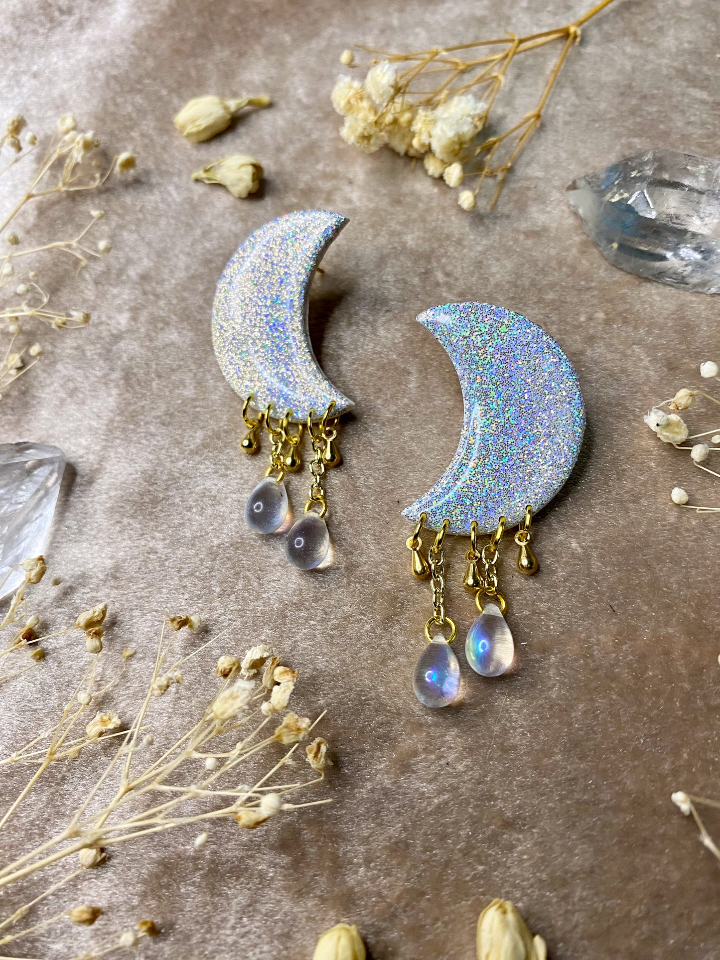 White Holographic Moon Stud Dangle Earrings