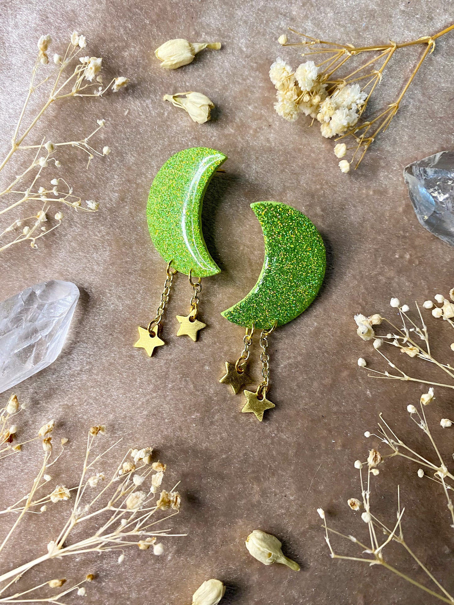 Neon Green Holographic Moon Stud Dangle Earrings