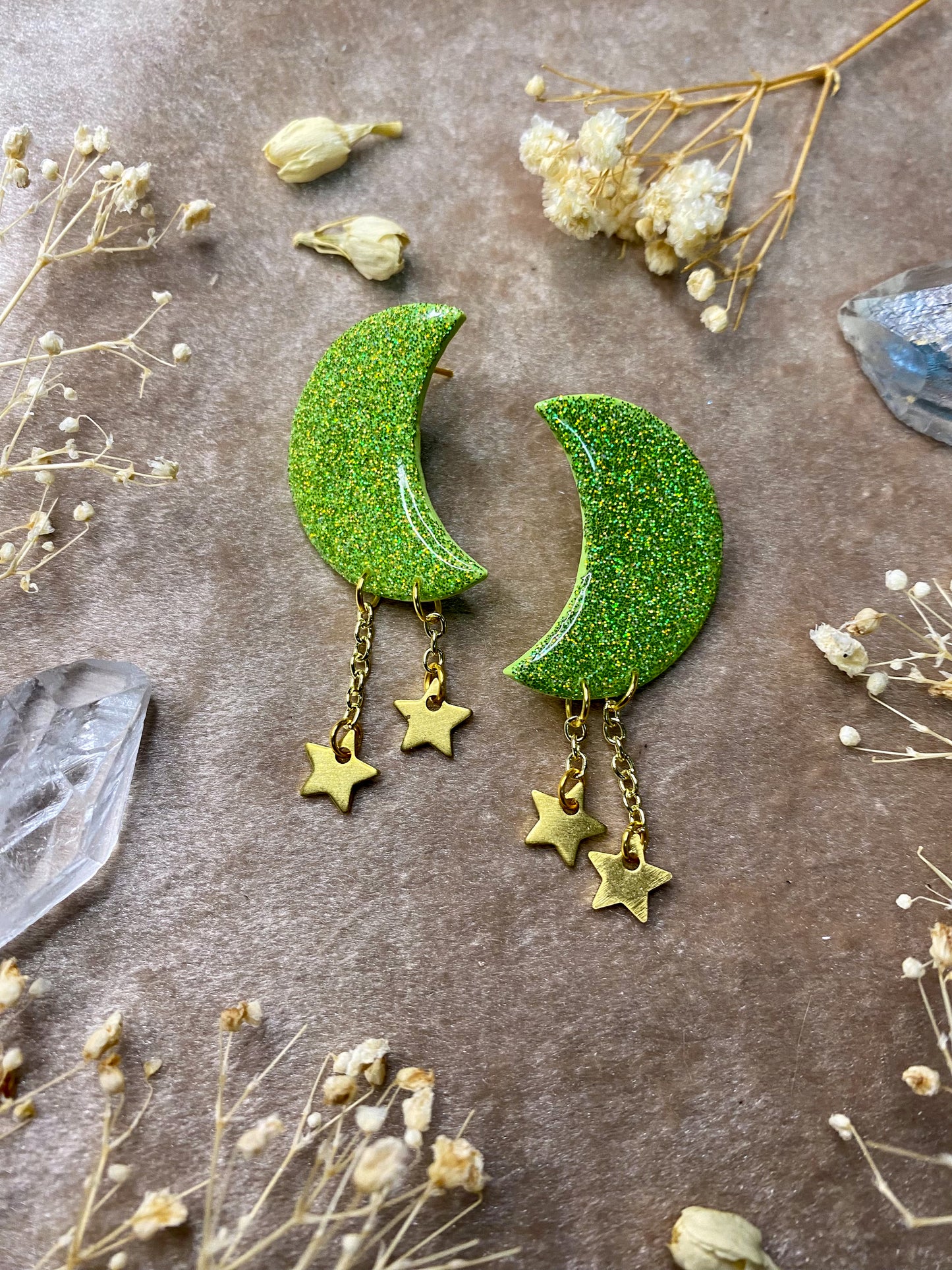 Neon Green Holographic Moon Stud Dangle Earrings