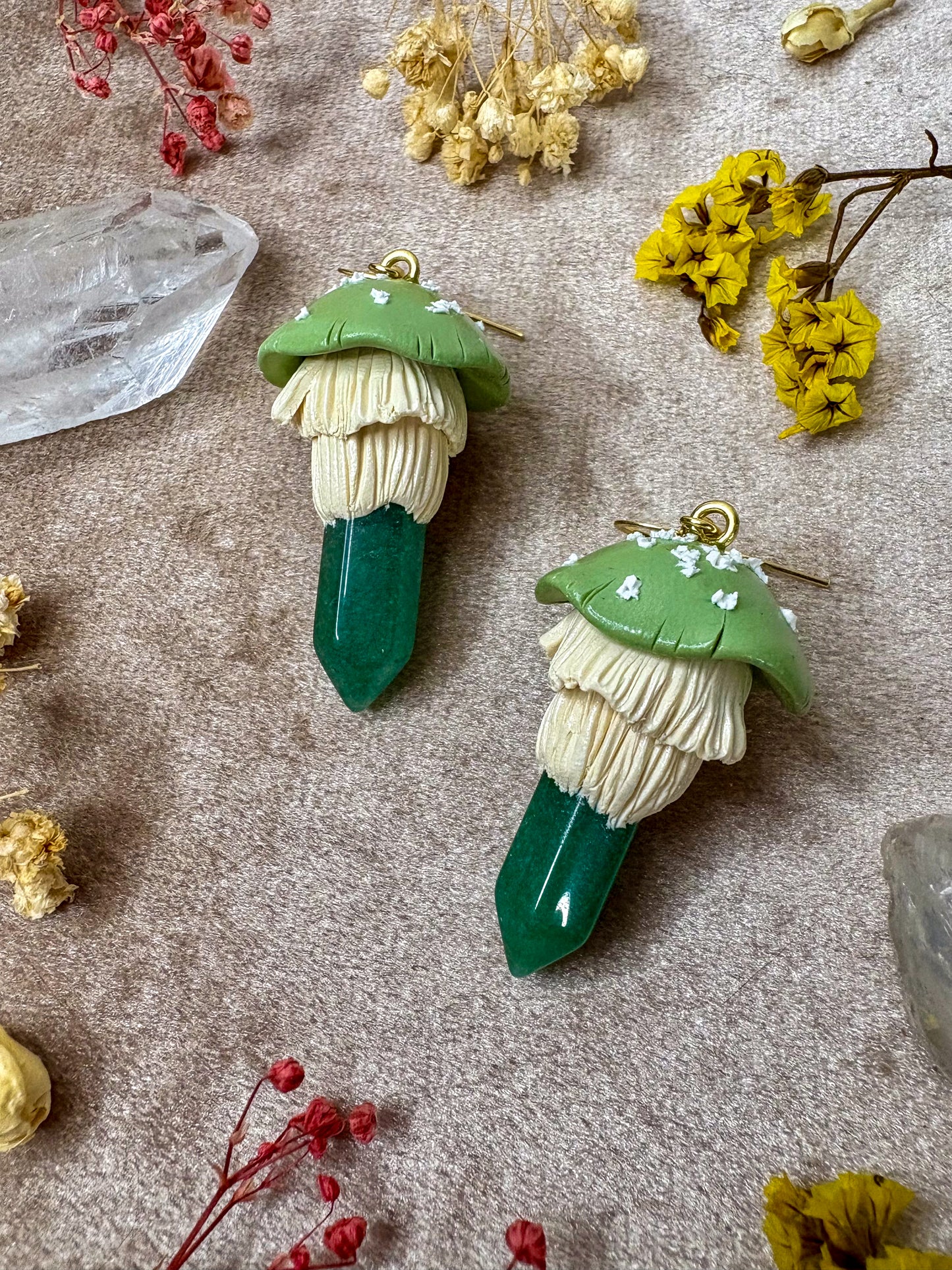 Green Aventurine Crystal Mushroom Earrings