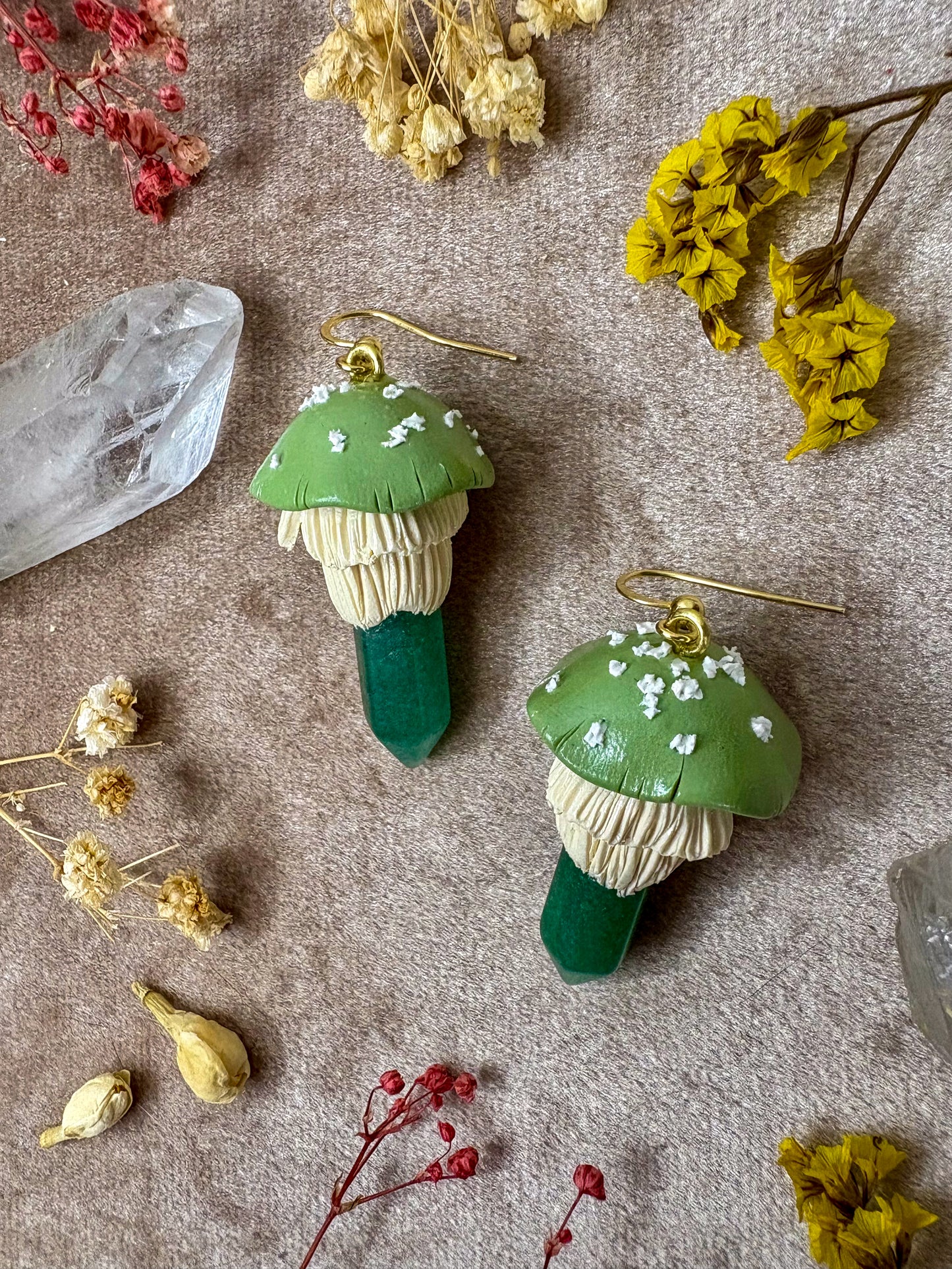 Green Aventurine Crystal Mushroom Earrings