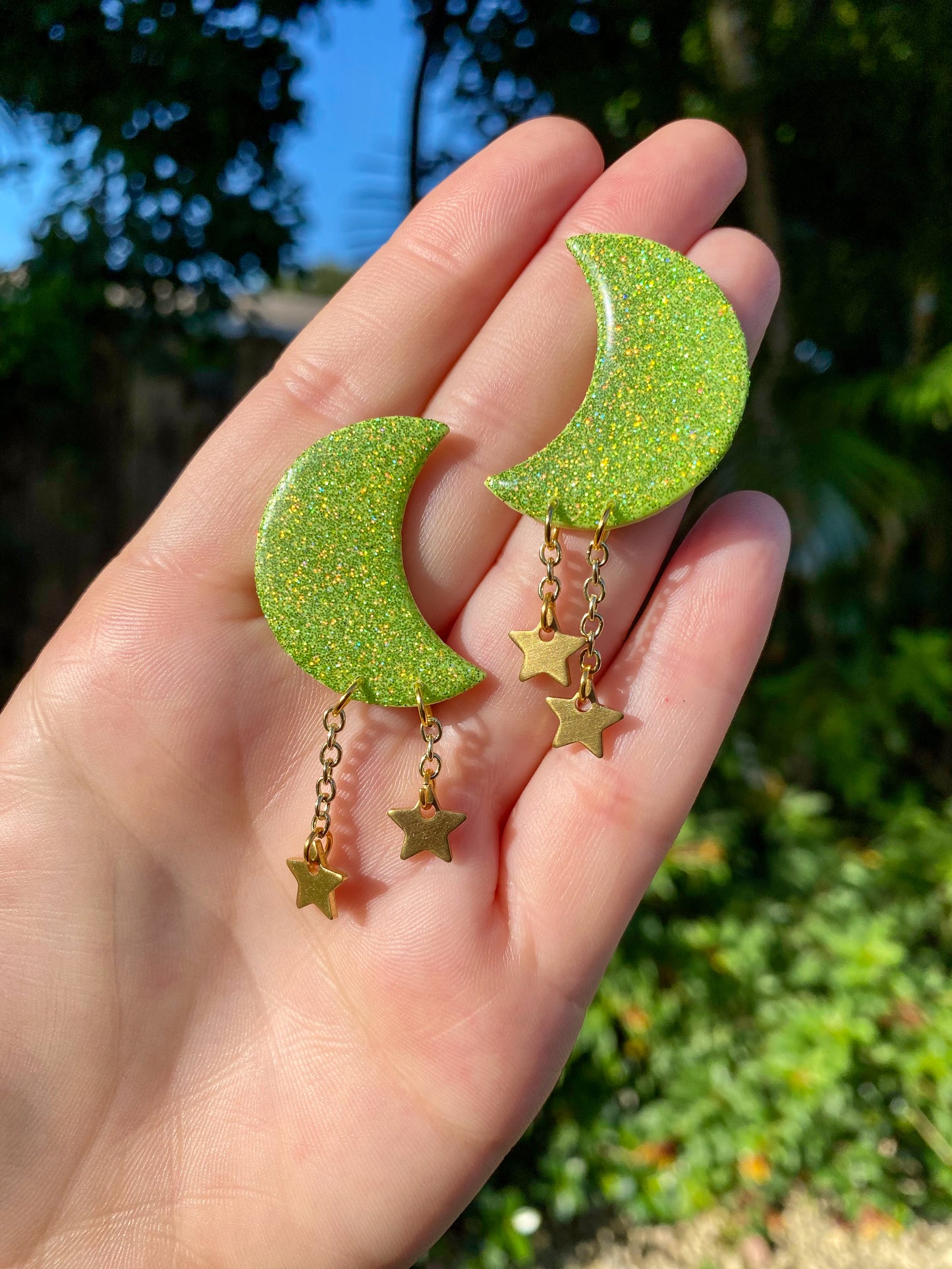 Neon Green Holographic Moon Stud Dangle Earrings