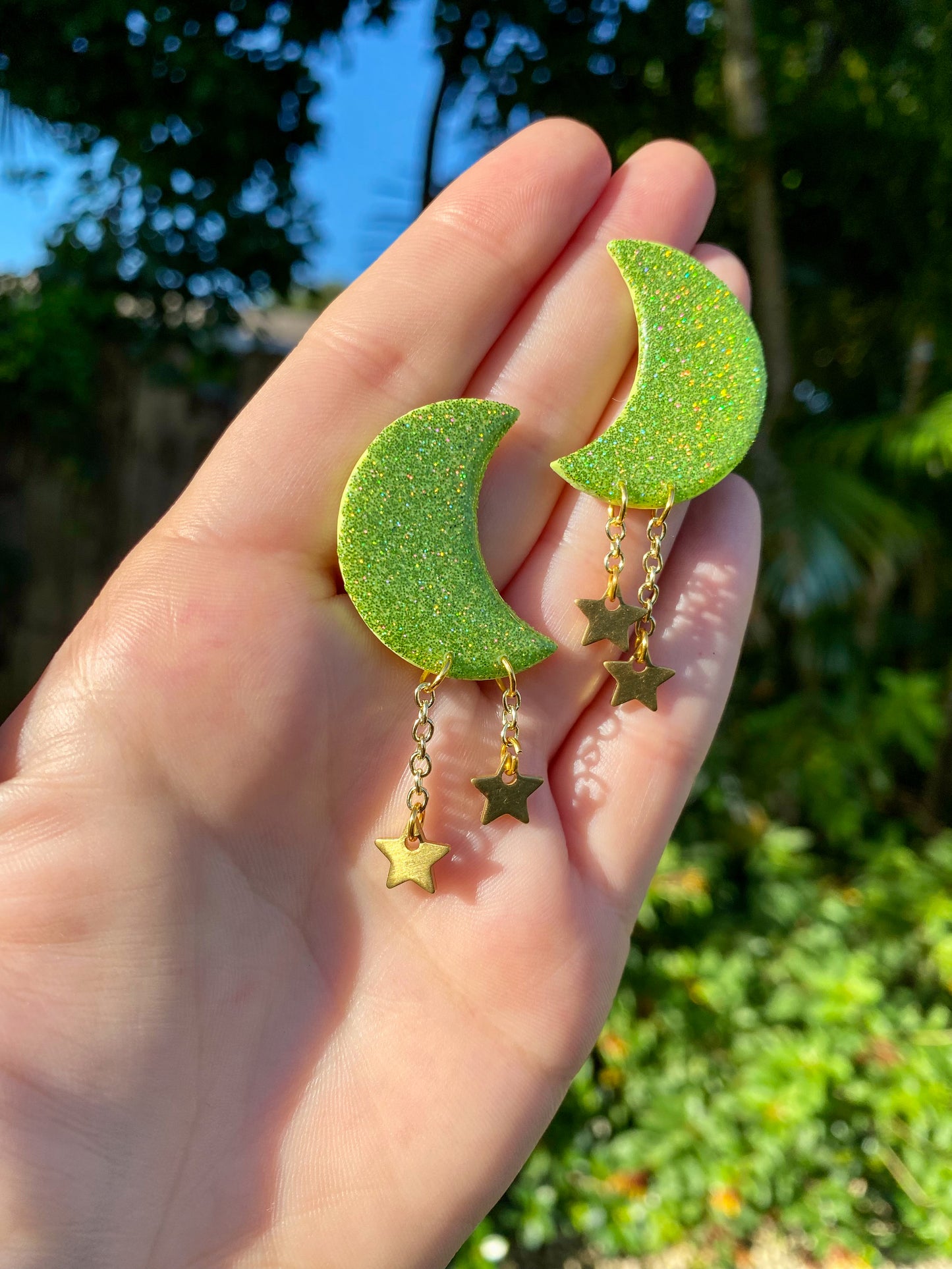 Neon Green Holographic Moon Stud Dangle Earrings