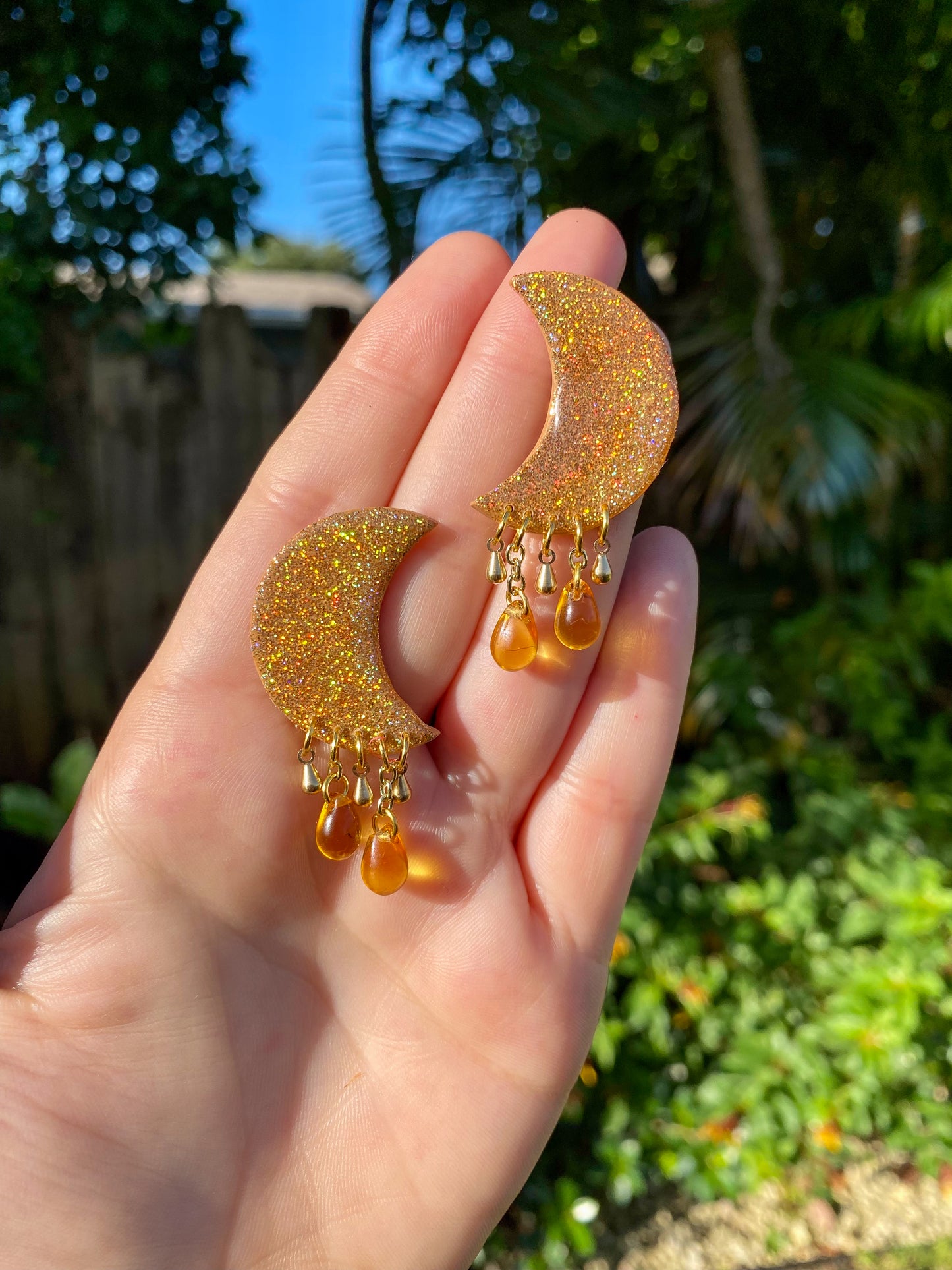 Gold Holographic Moon Stud Dangle Earrings