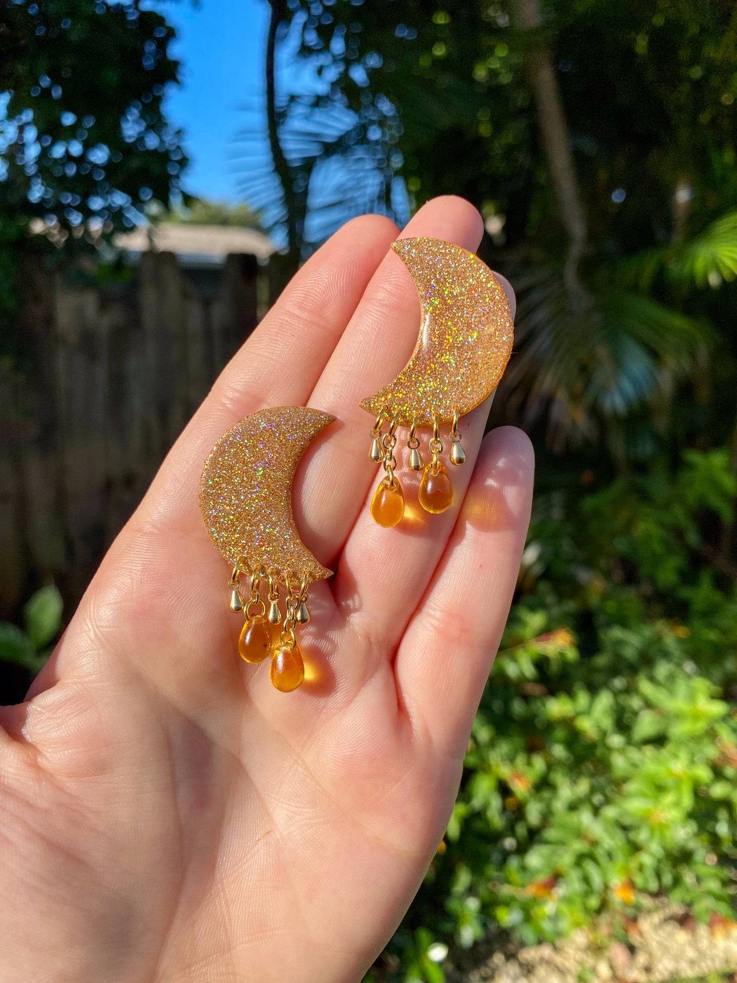 Gold Holographic Moon Stud Dangle Earrings