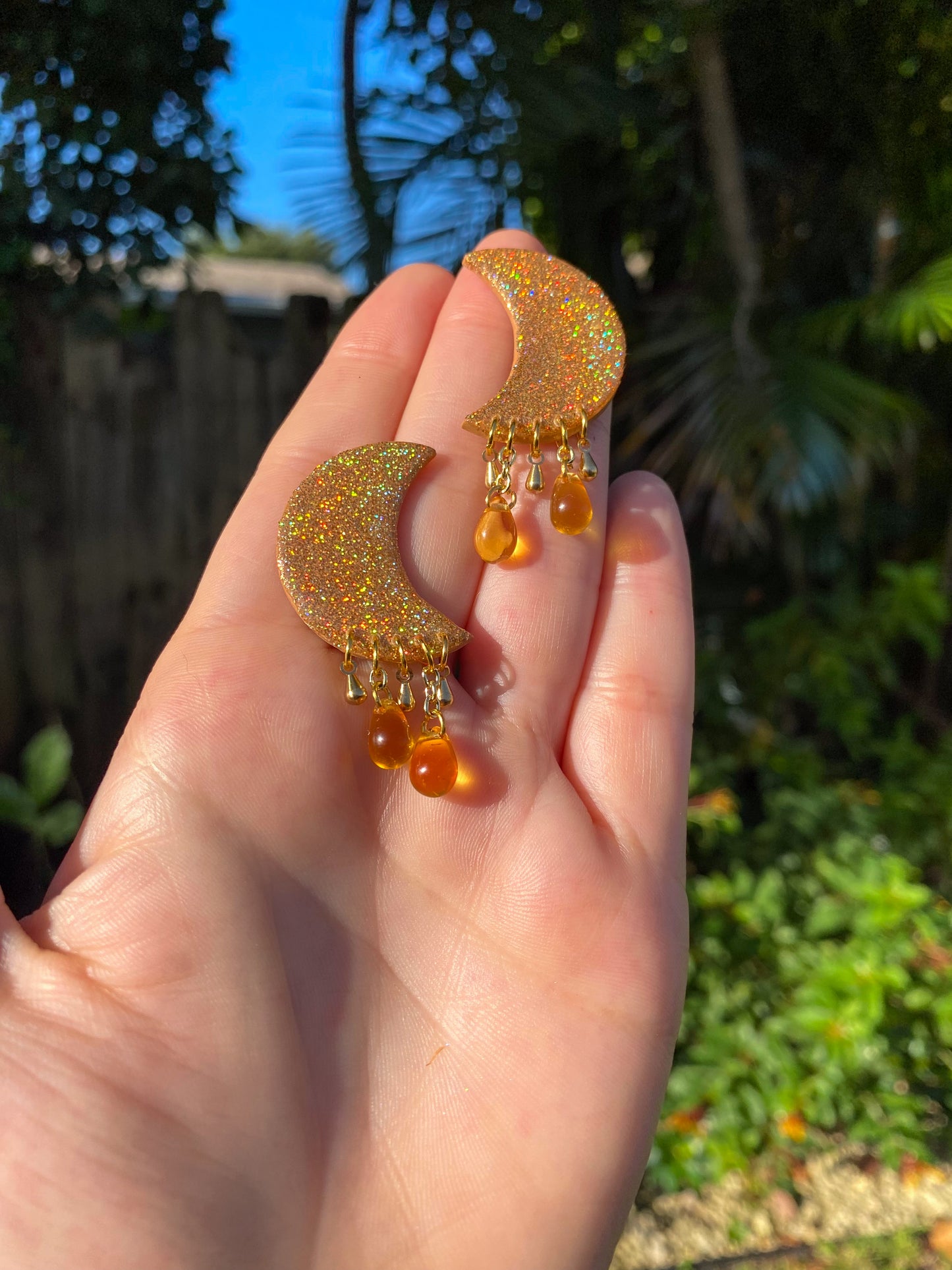 Gold Holographic Moon Stud Dangle Earrings