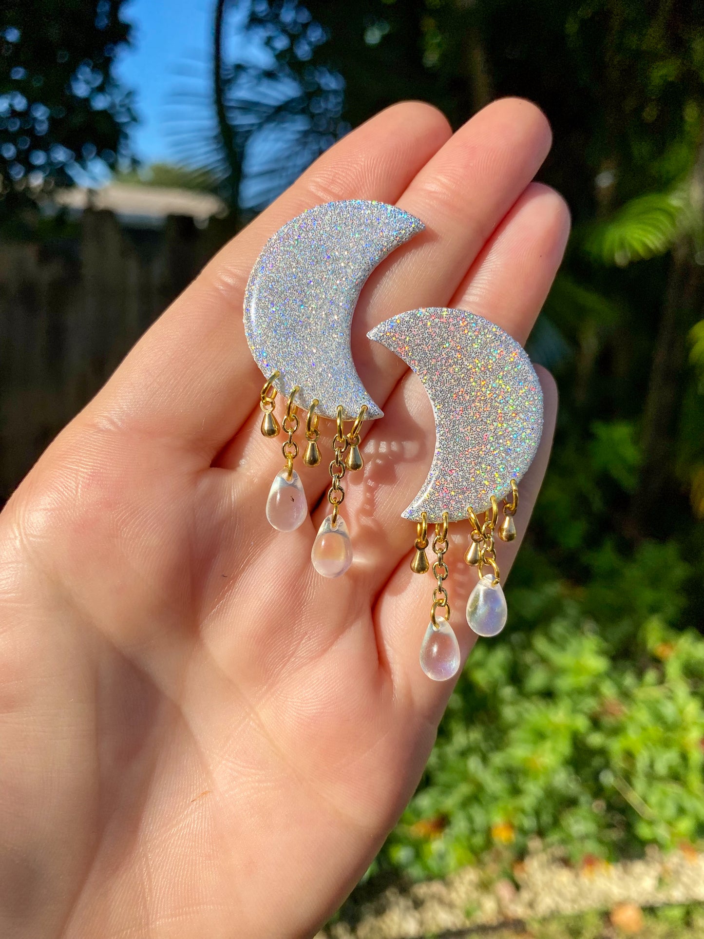 White Holographic Moon Stud Dangle Earrings