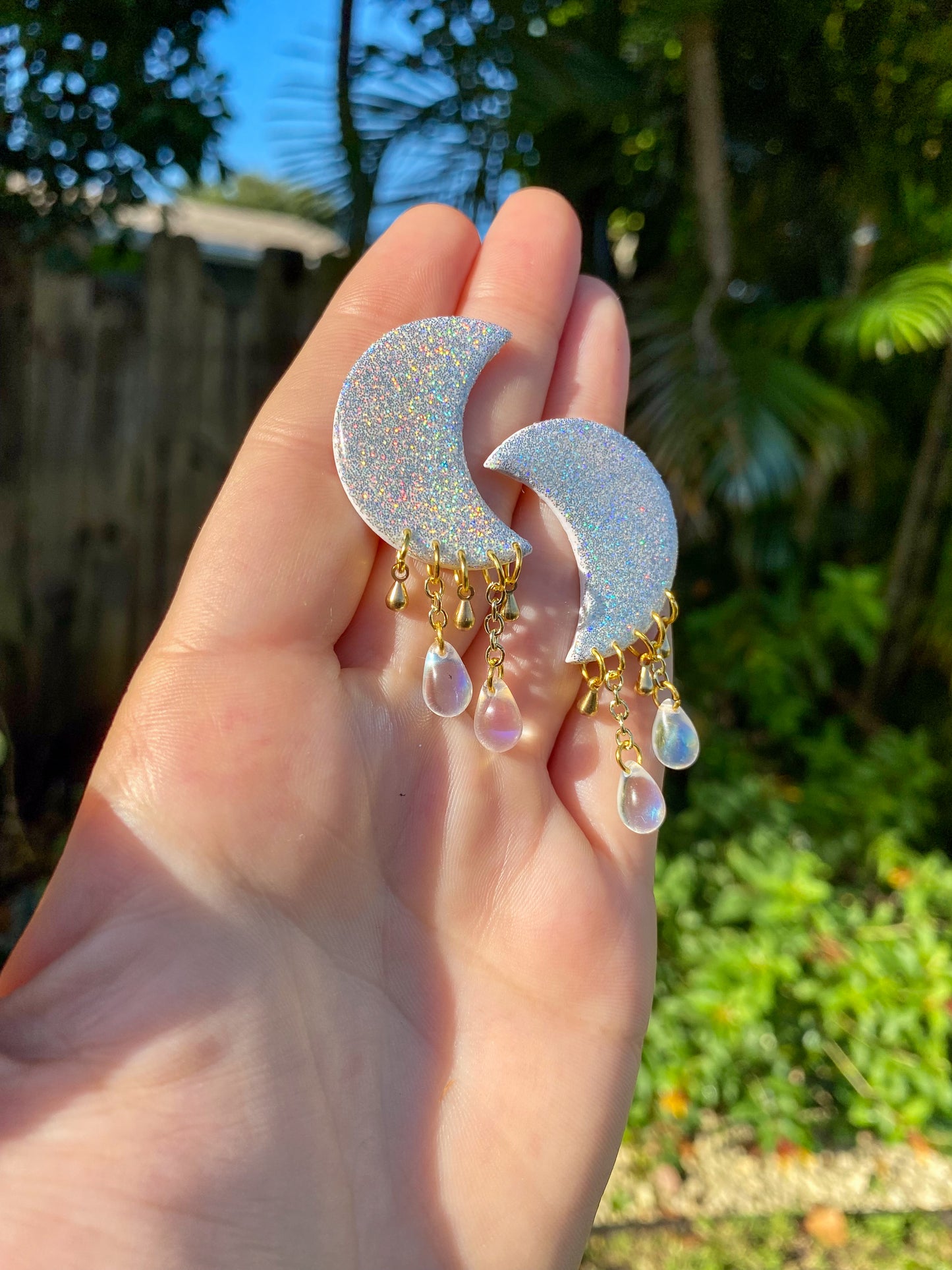 White Holographic Moon Stud Dangle Earrings