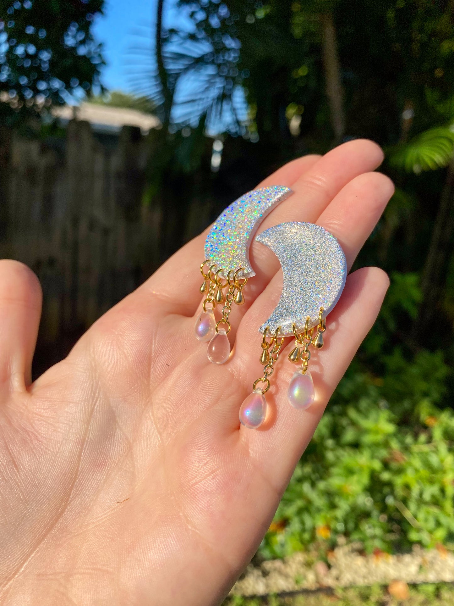 White Holographic Moon Stud Dangle Earrings