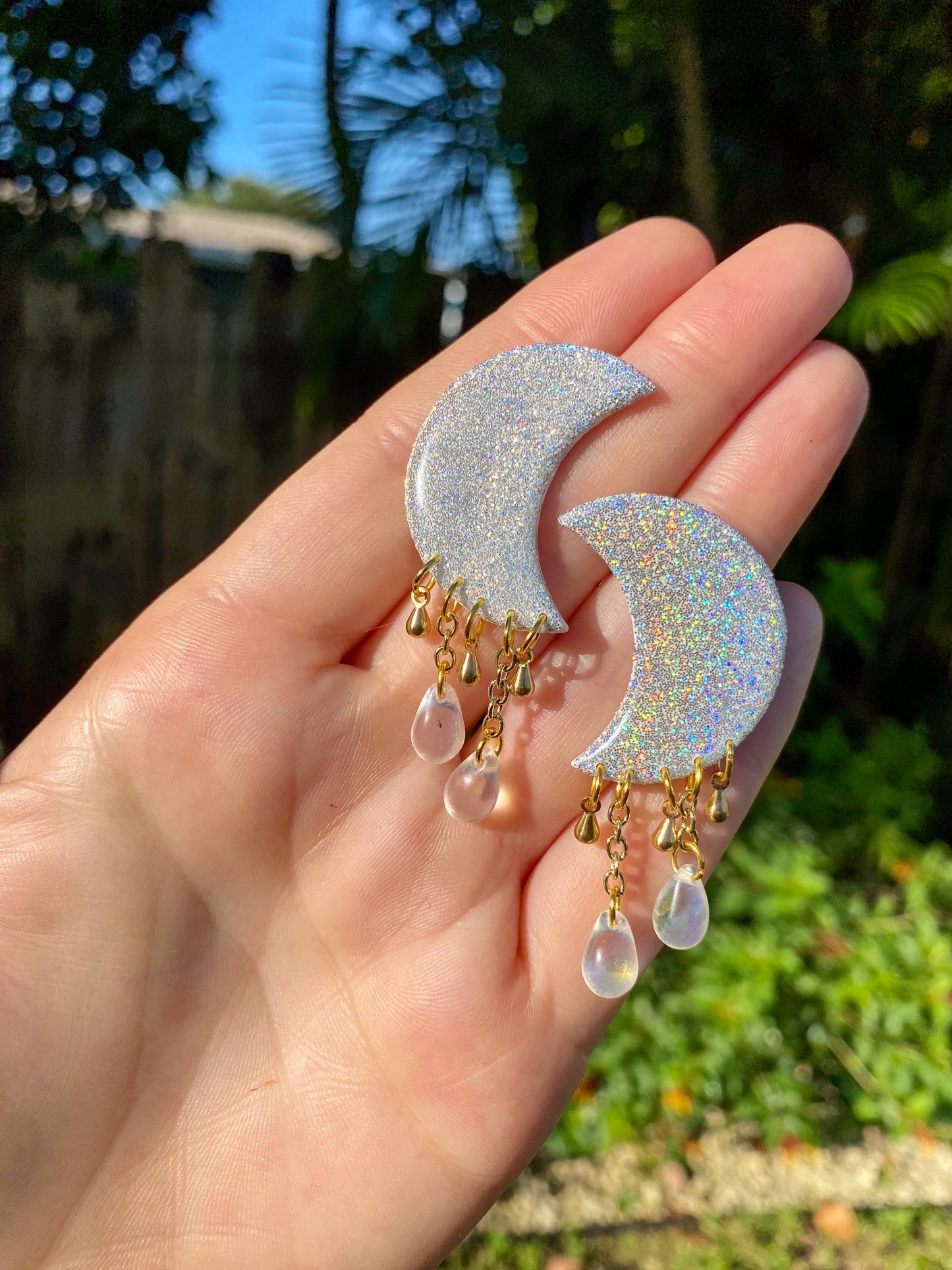 White Holographic Moon Stud Dangle Earrings