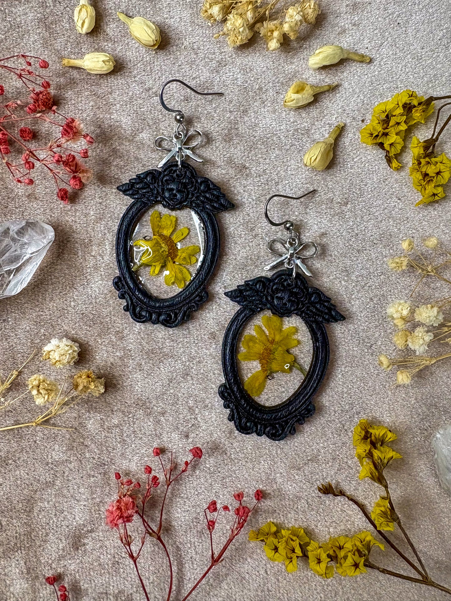Black Angel Yellow Floral Frame Earrings