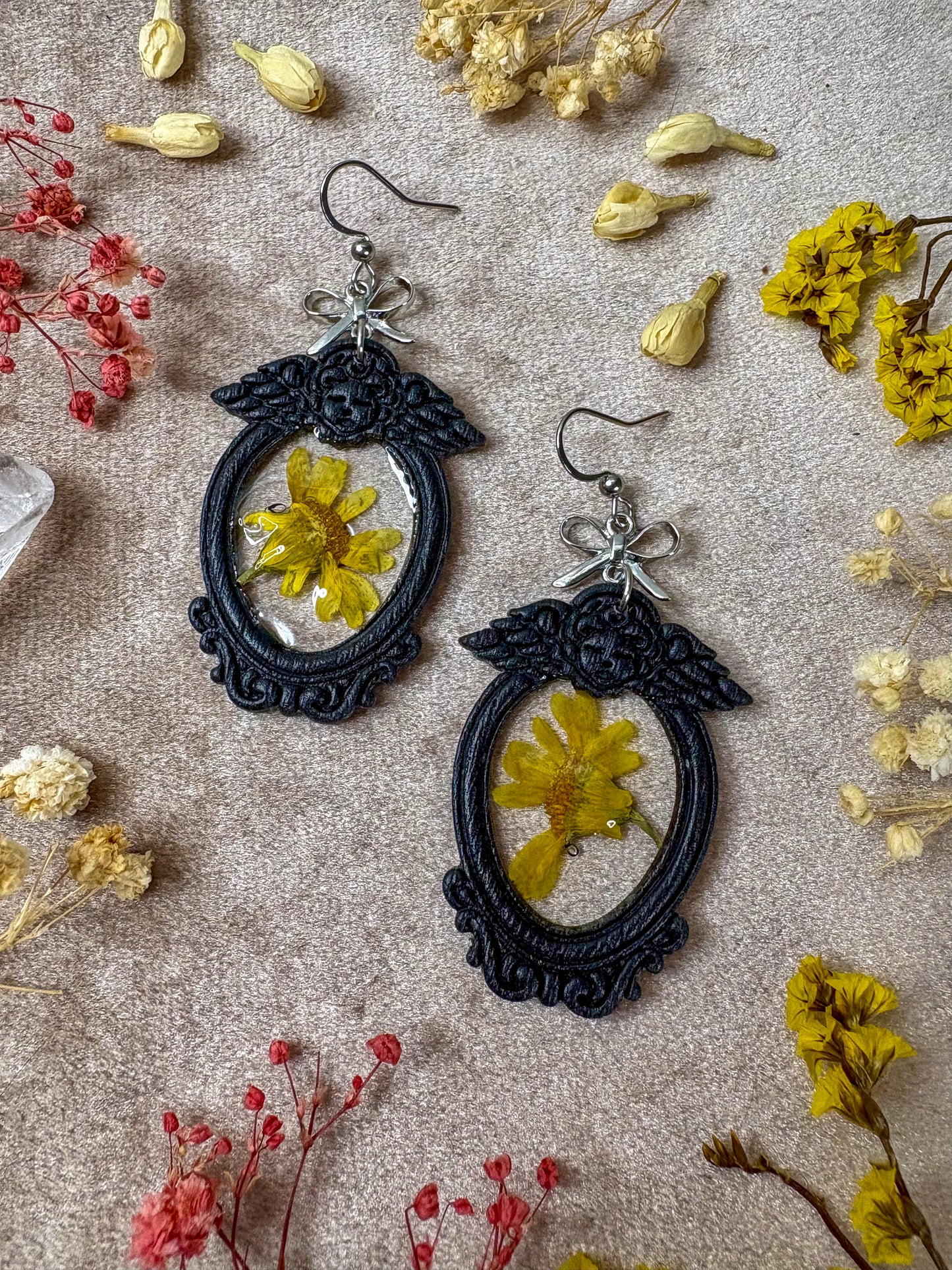 Black Angel Yellow Floral Frame Earrings