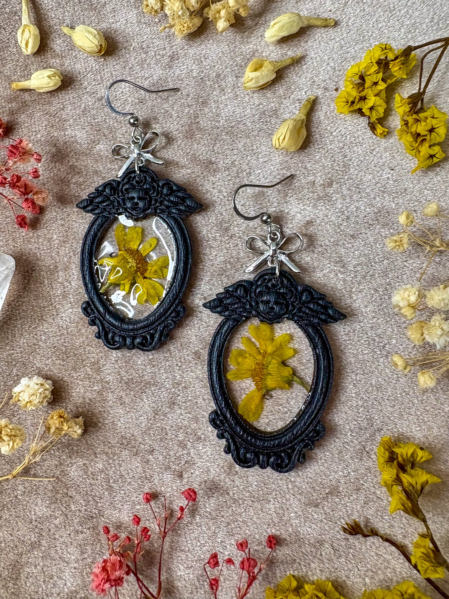 Black Angel Yellow Floral Frame Earrings