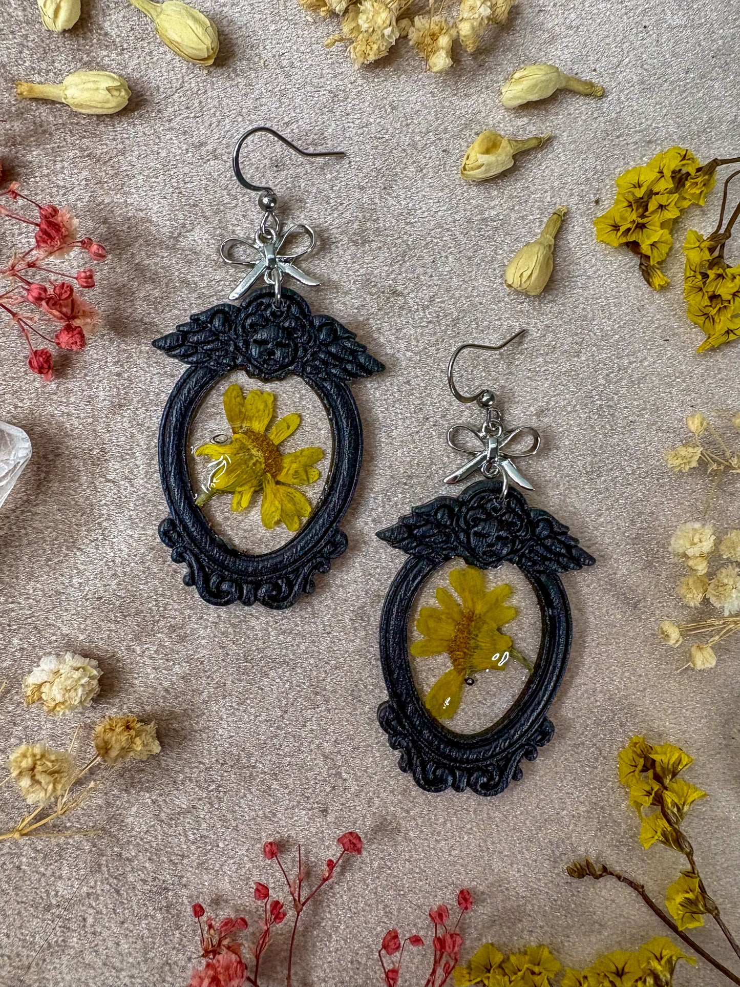 Black Angel Yellow Floral Frame Earrings