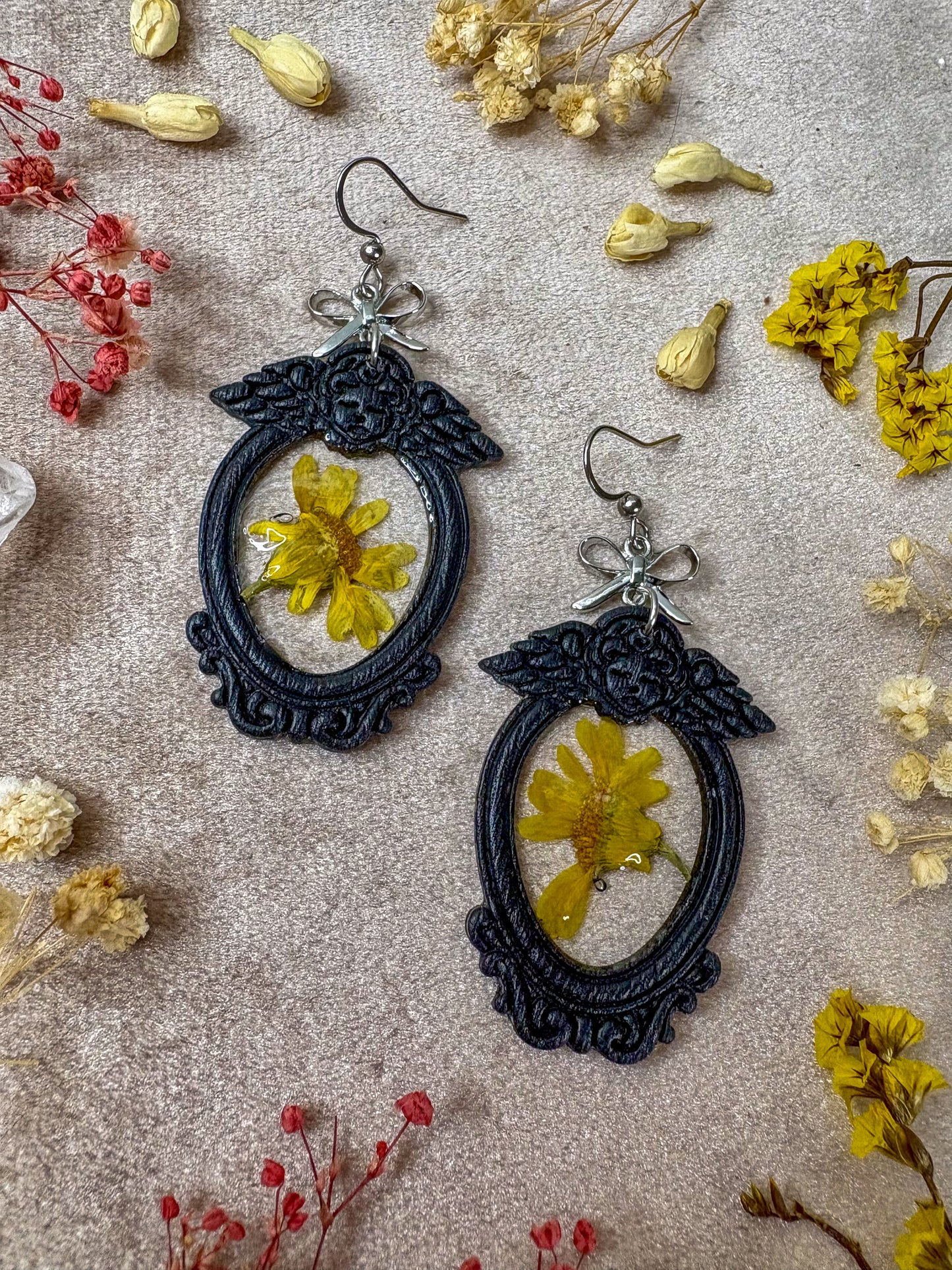 Black Angel Yellow Floral Frame Earrings