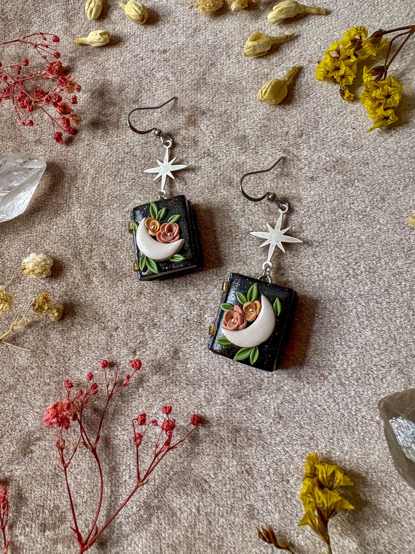 Floral Moon Book Earrings