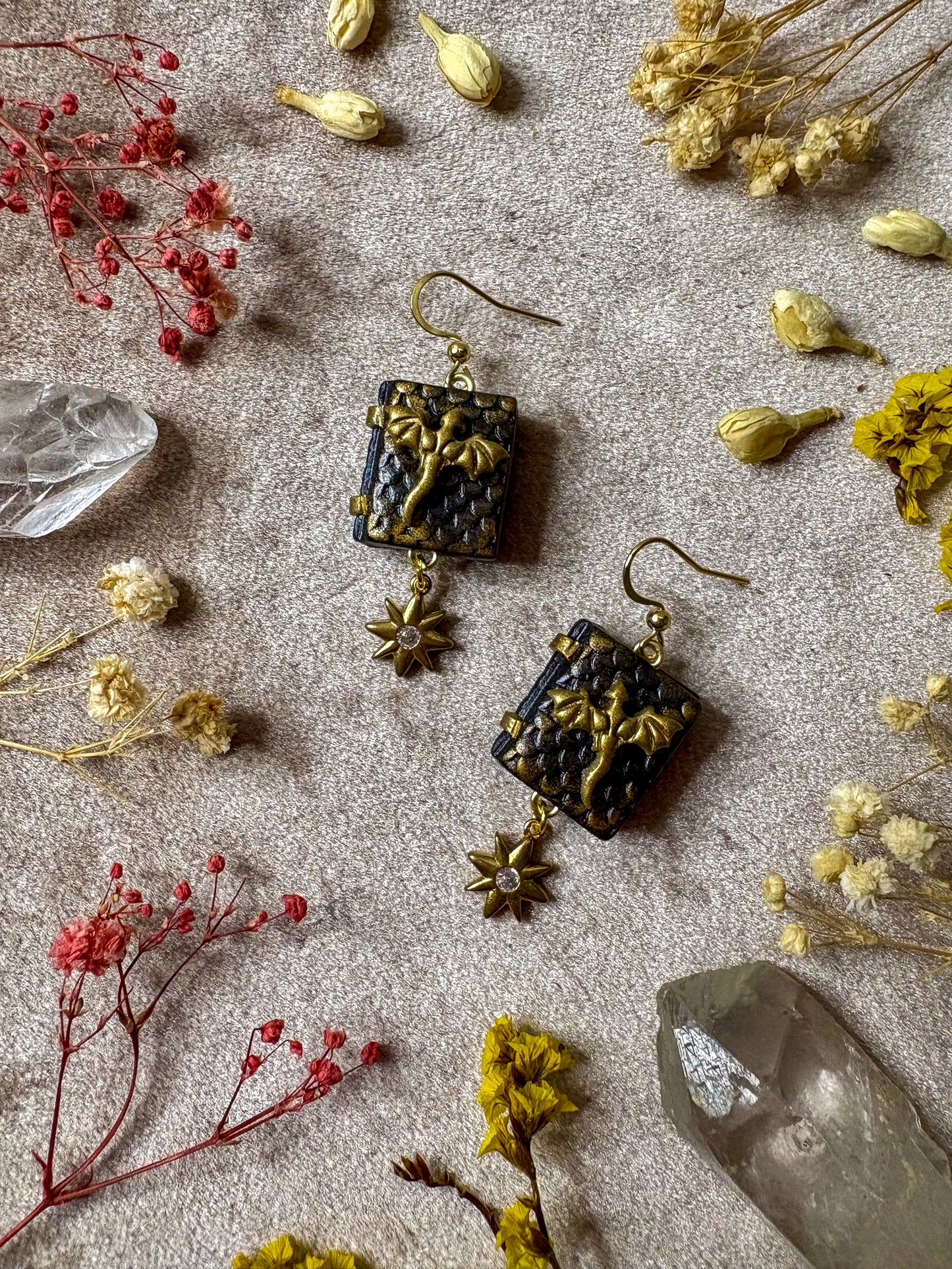 Black and Gold Dragon Book Earrings