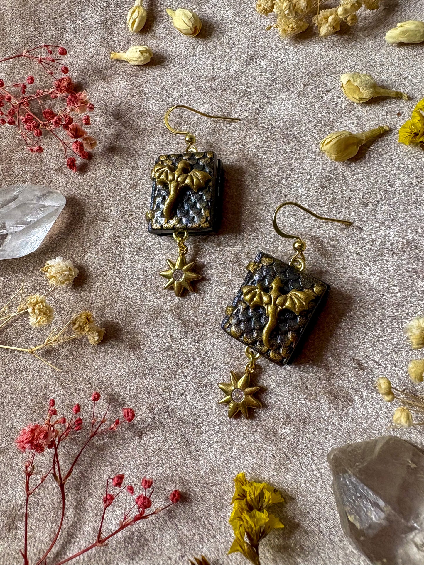 Black and Gold Dragon Book Earrings