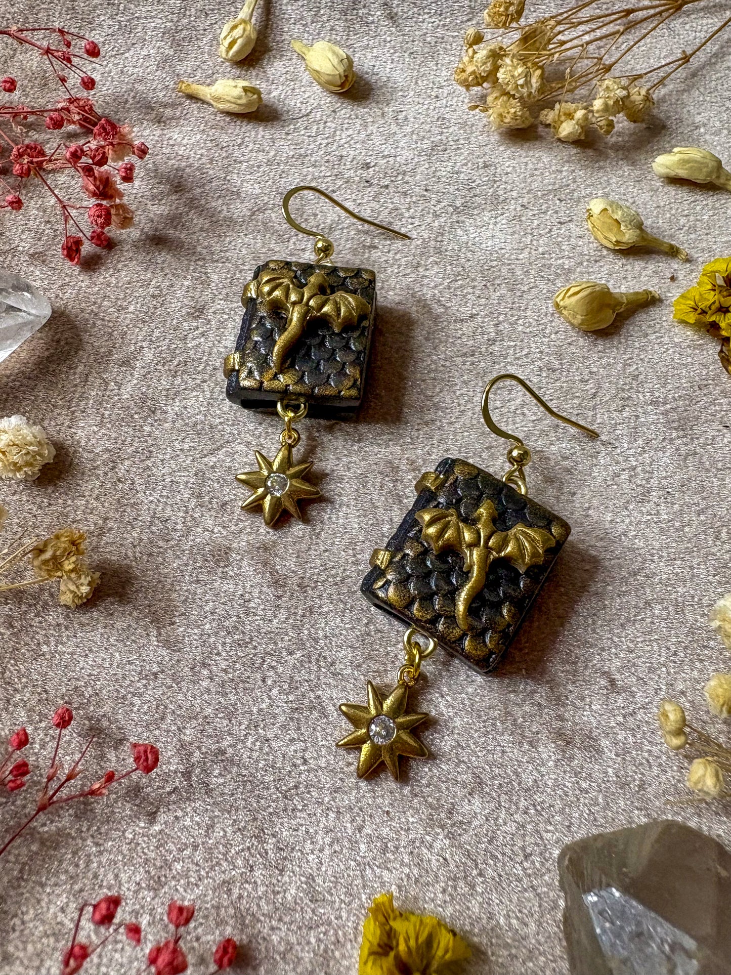 Black and Gold Dragon Book Earrings