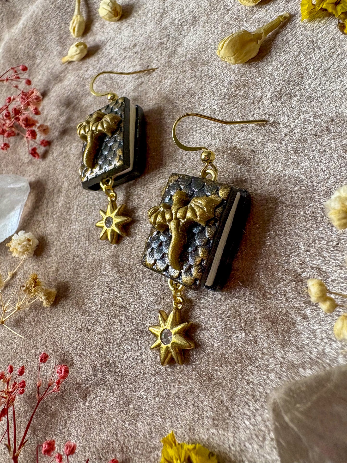 Black and Gold Dragon Book Earrings