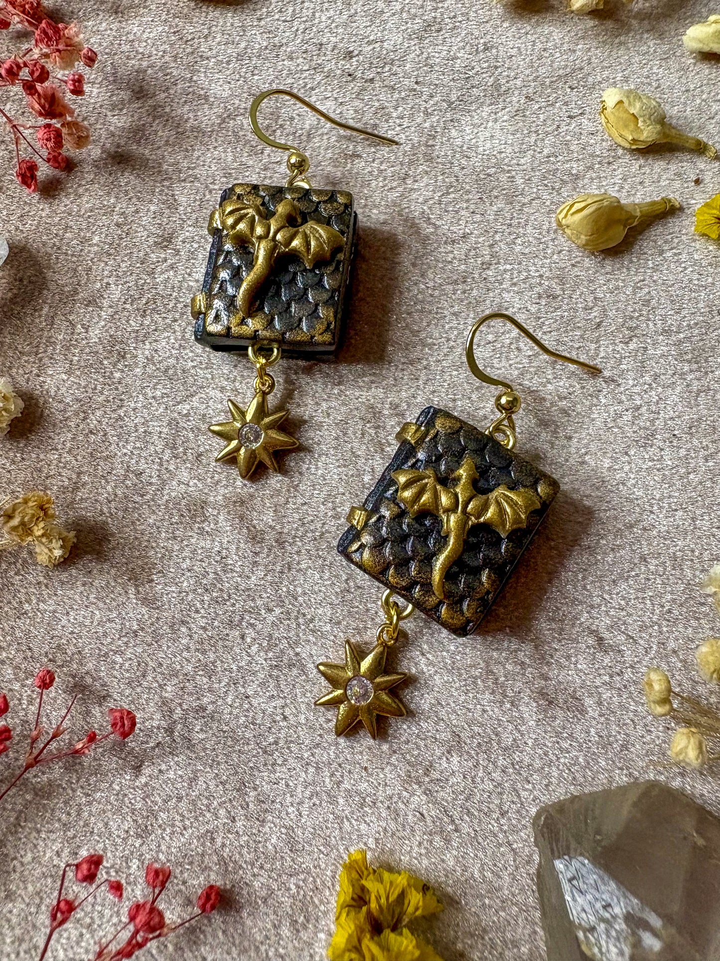 Black and Gold Dragon Book Earrings
