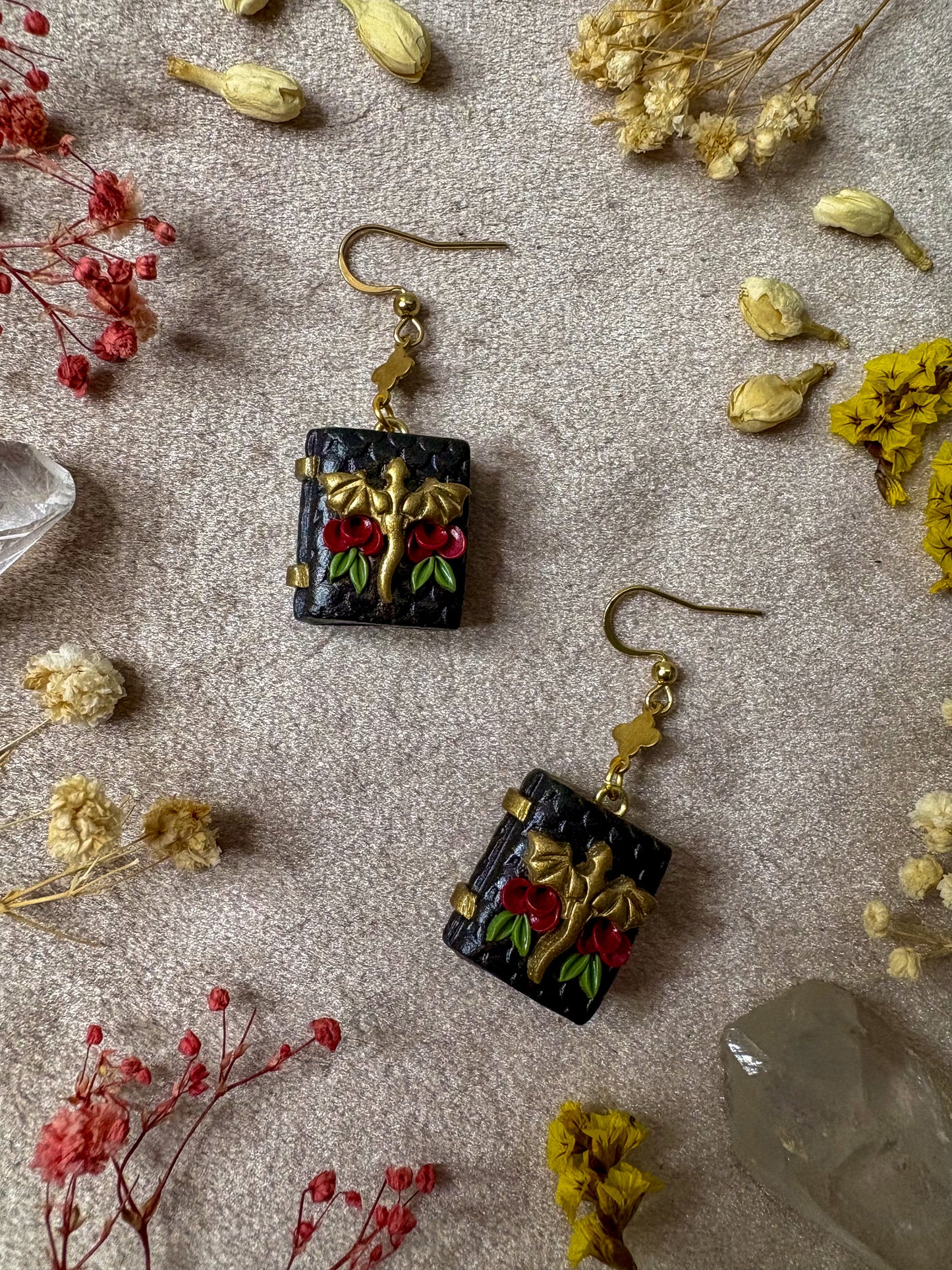 Black and Gold Floral Dragon Book Earrings