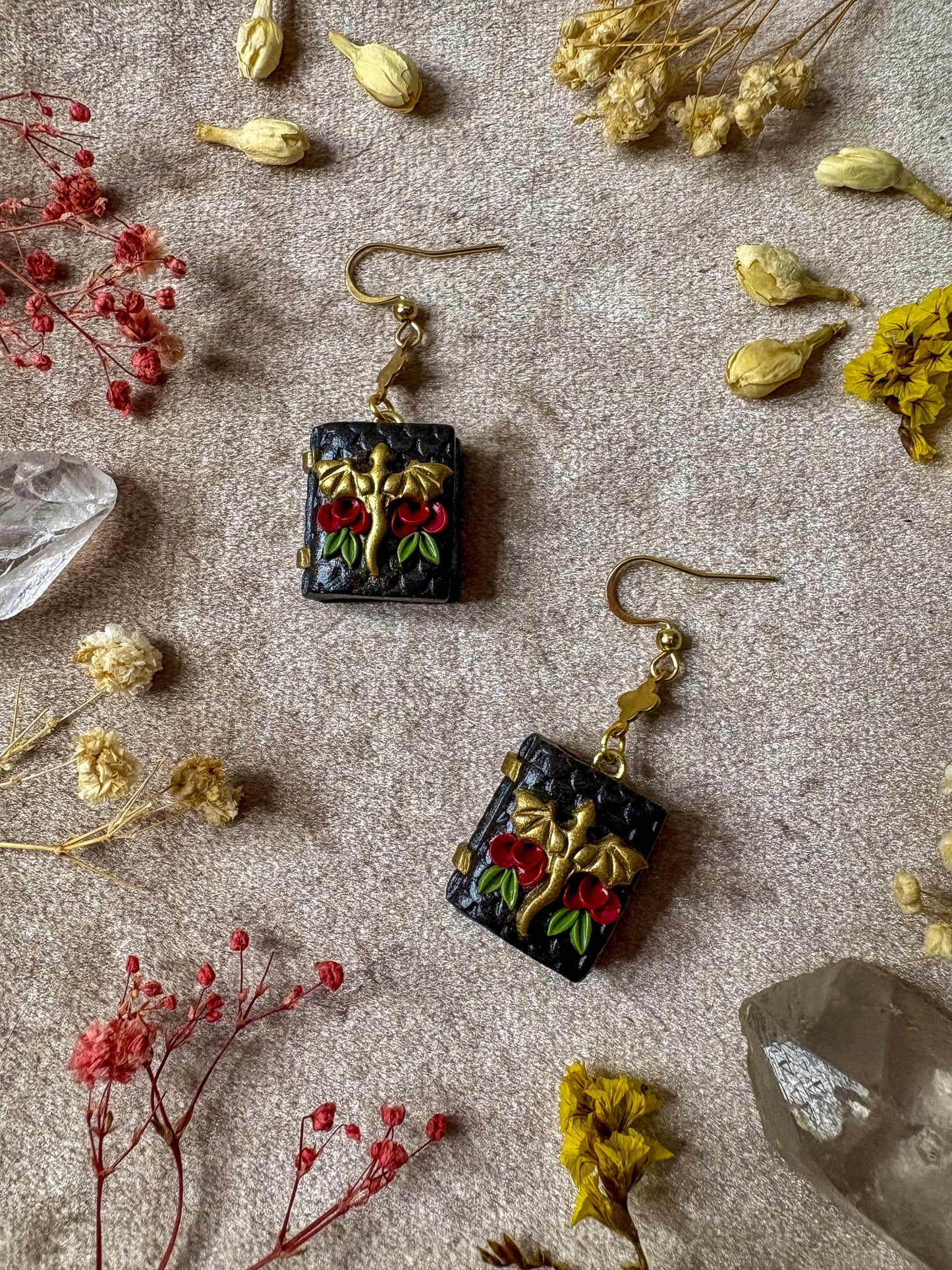 Black and Gold Floral Dragon Book Earrings
