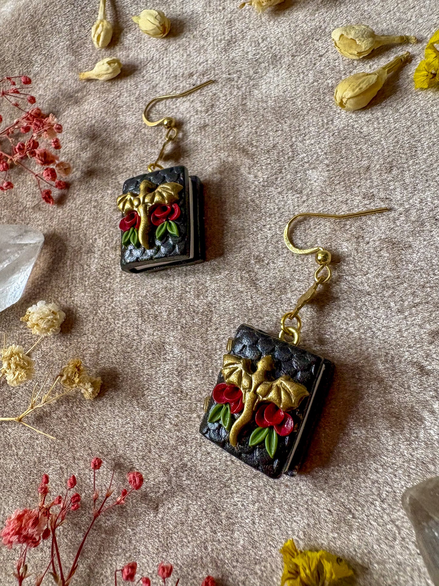 Black and Gold Floral Dragon Book Earrings