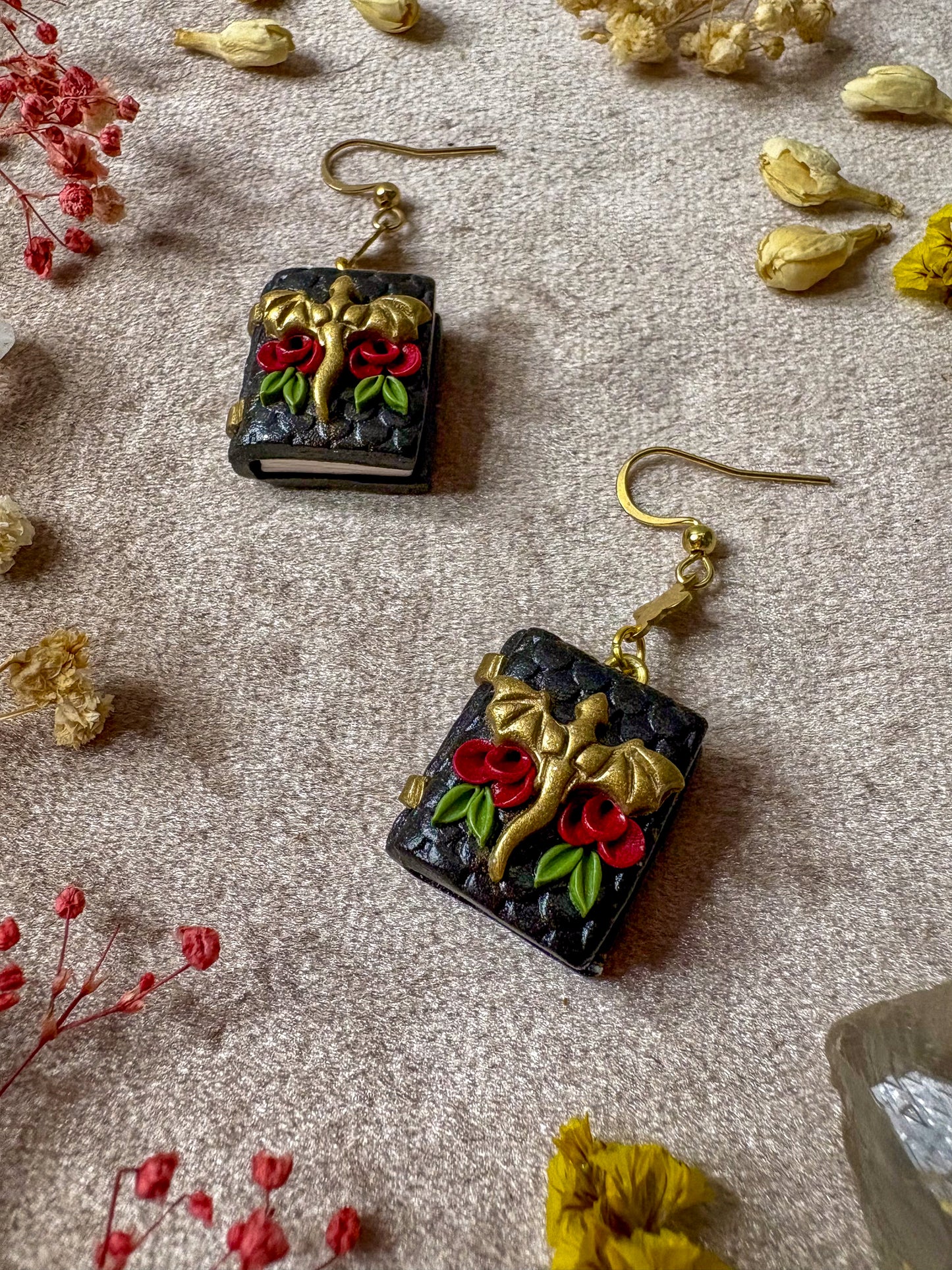 Black and Gold Floral Dragon Book Earrings