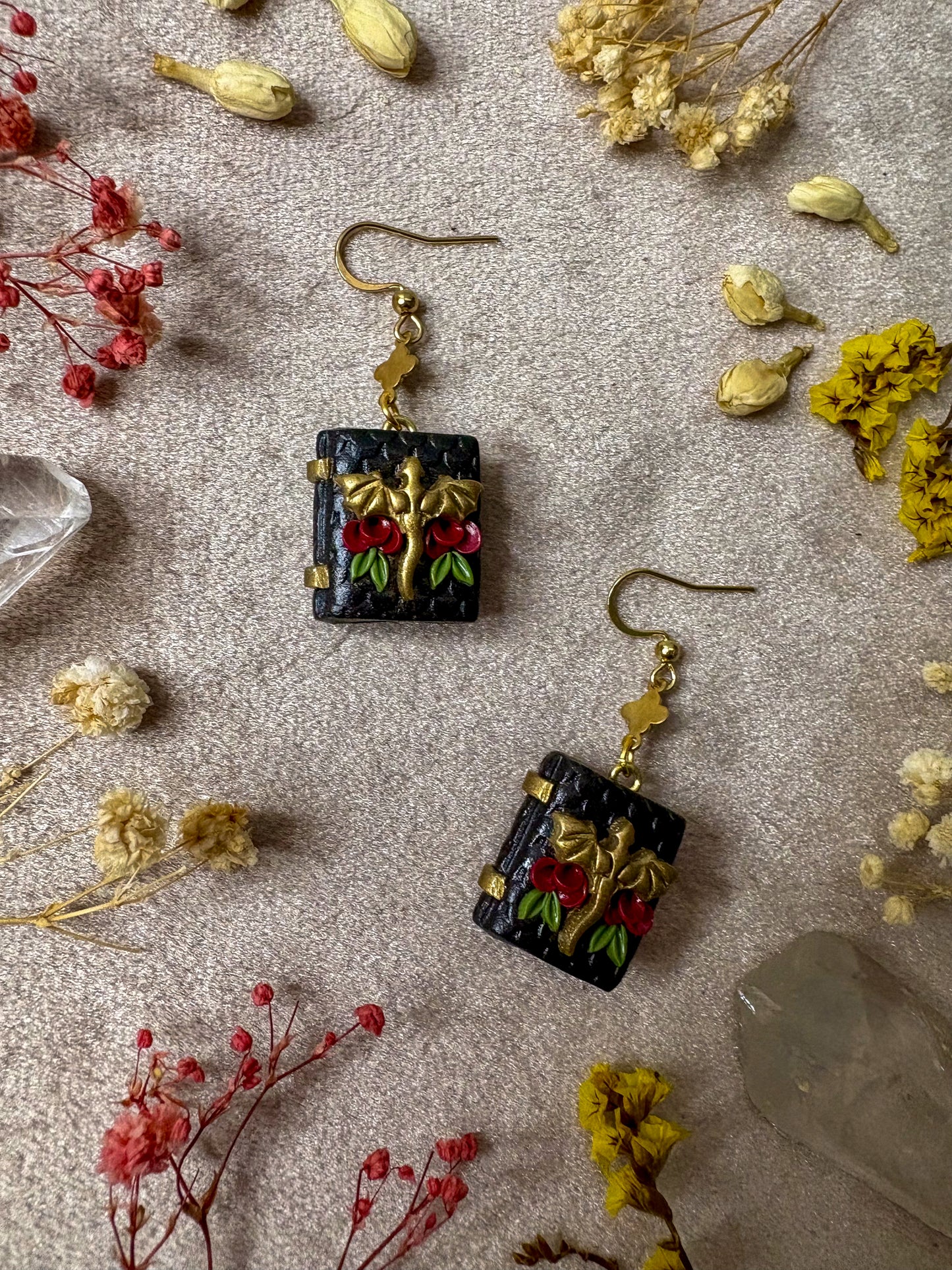 Black and Gold Floral Dragon Book Earrings