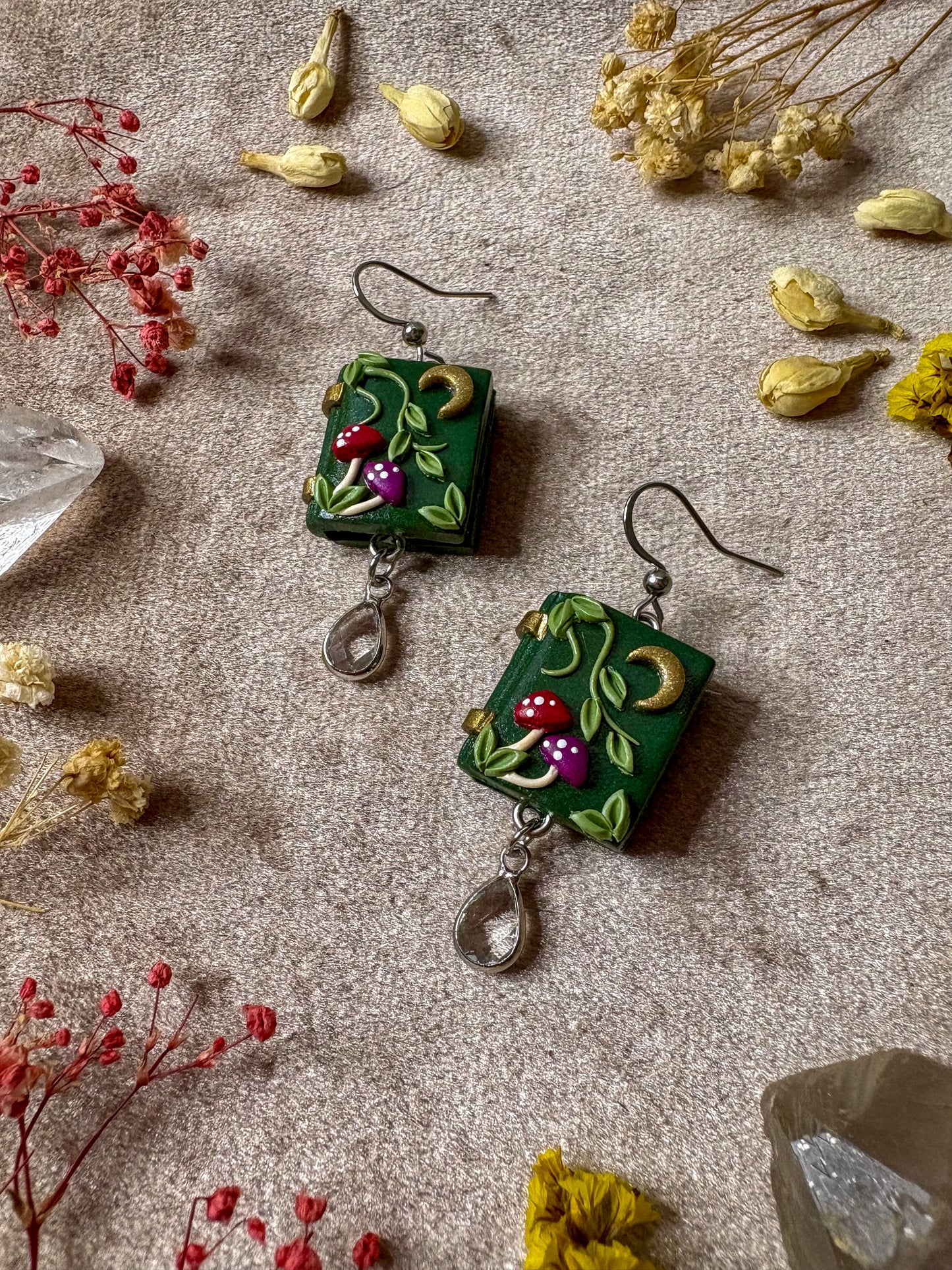 Green Mushroom Book Earrings