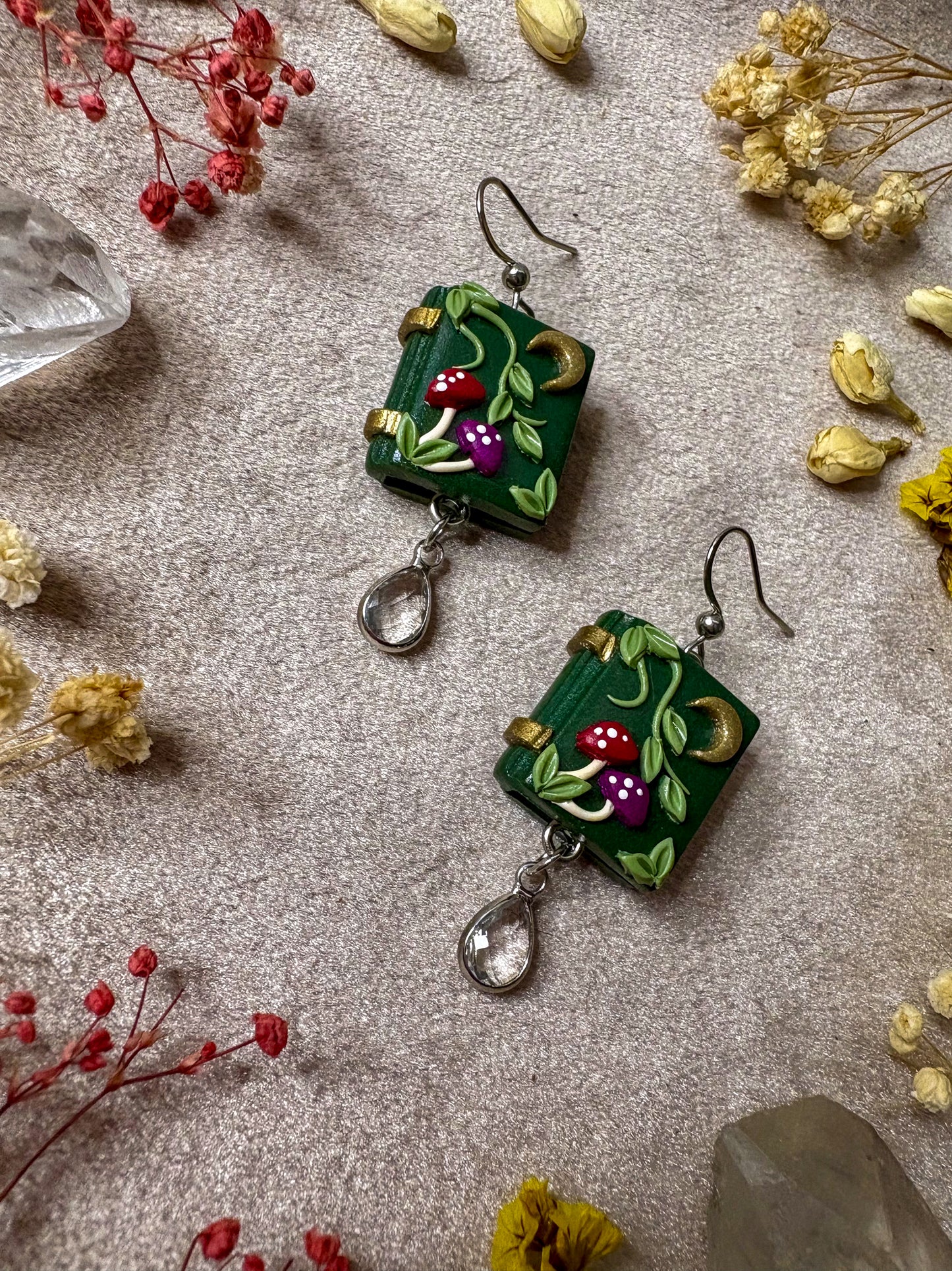 Green Mushroom Book Earrings