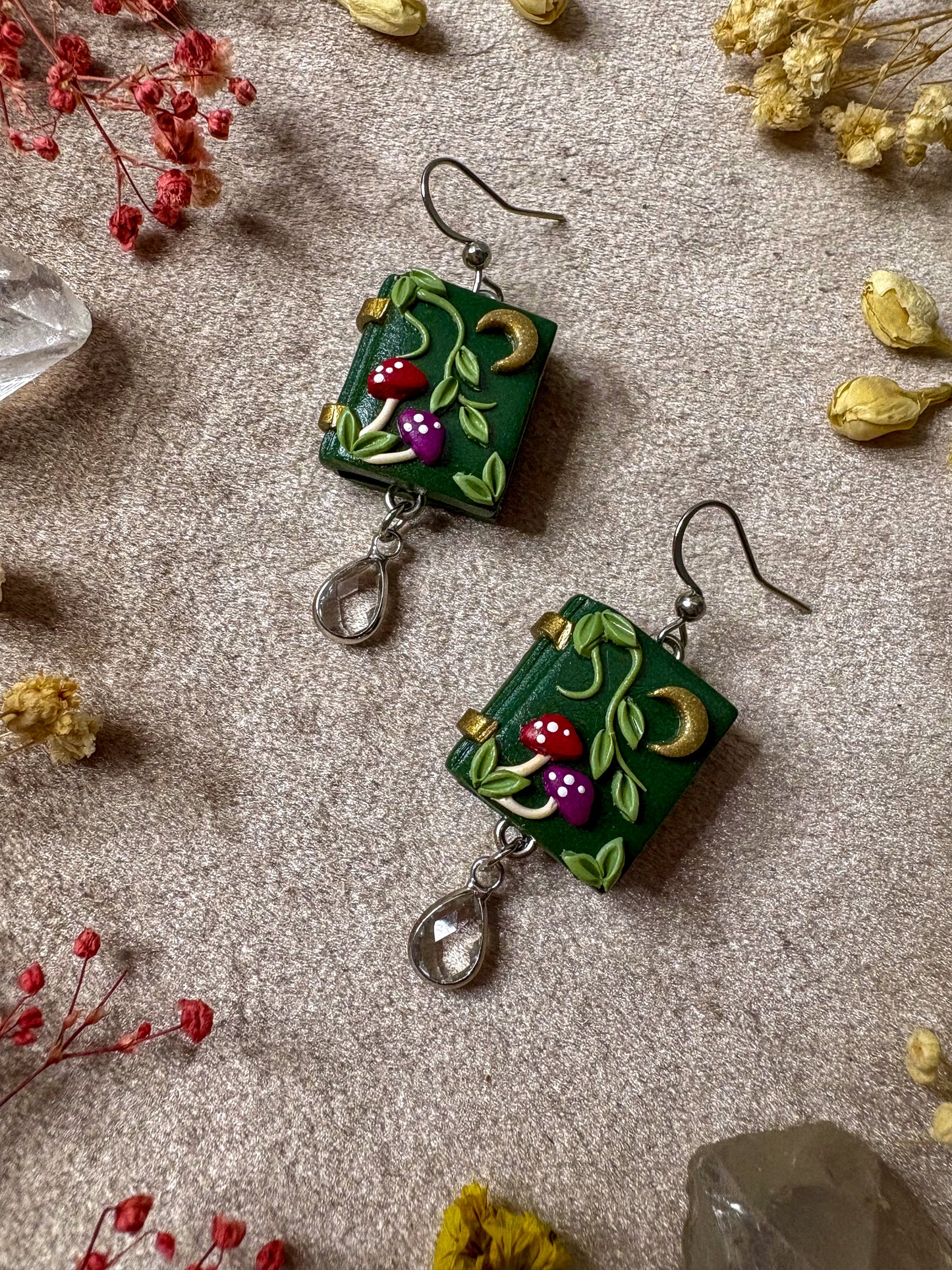 Green Mushroom Book Earrings