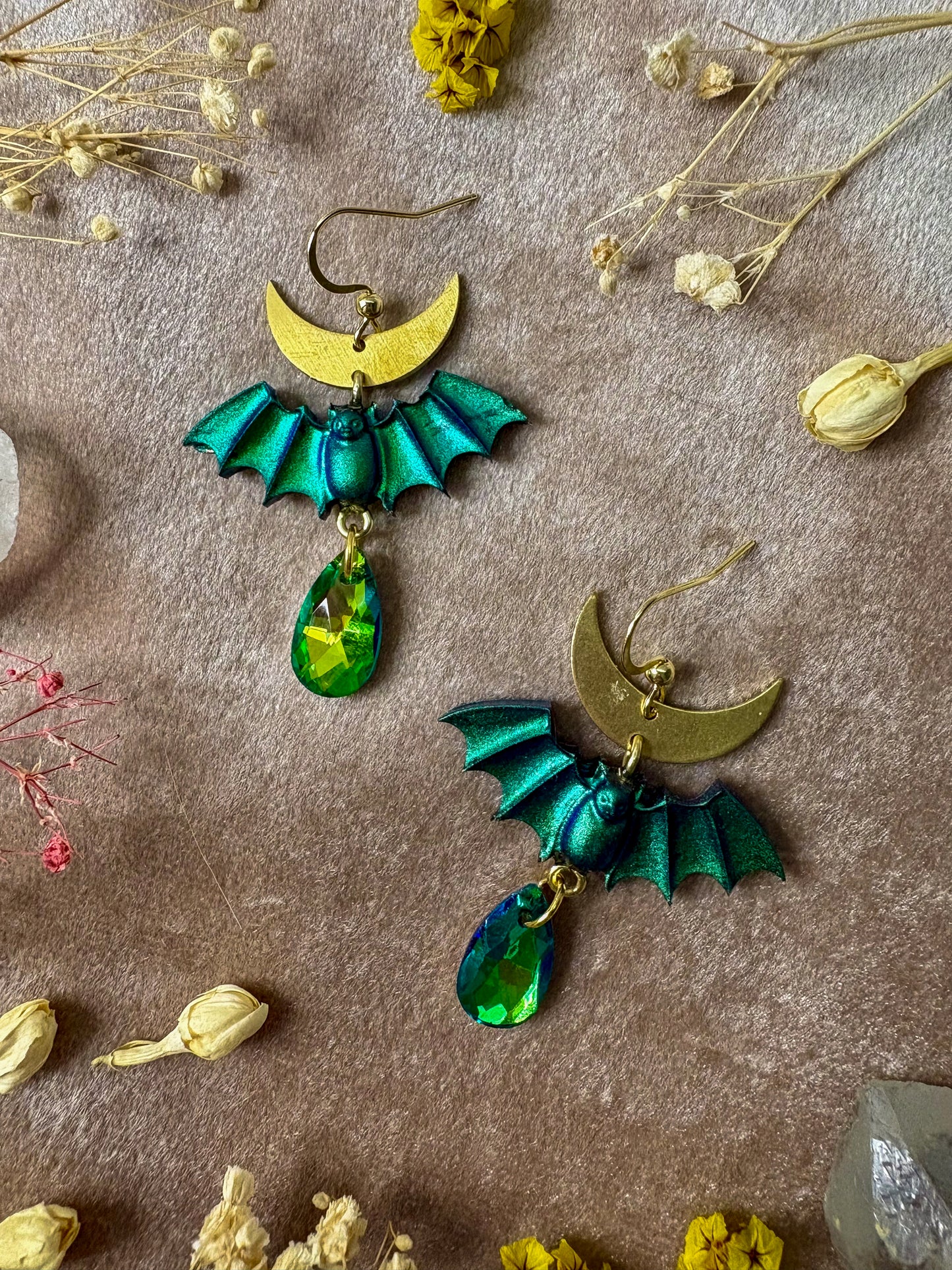 Green Jewel Bat Earrings