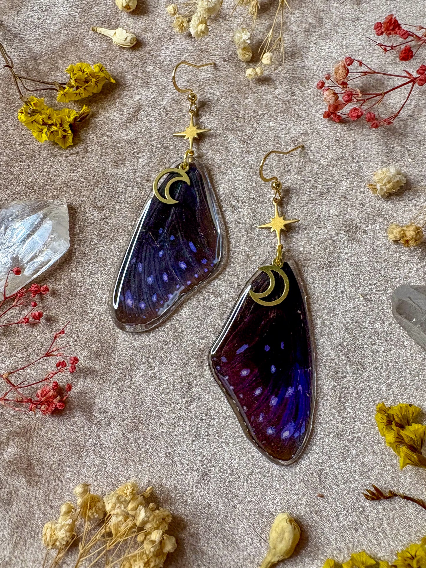 Striped Blue Crow Butterfly Wing Earrings