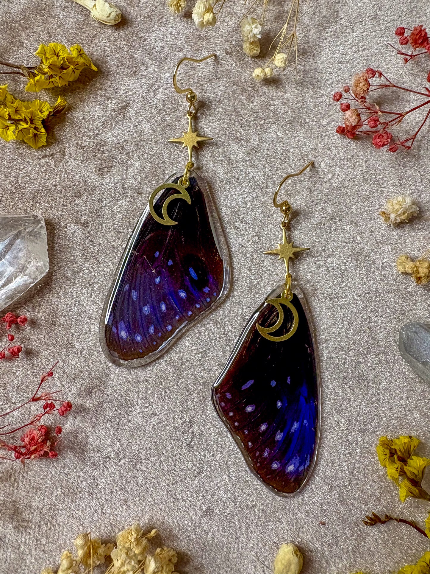 Striped Blue Crow Butterfly Wing Earrings