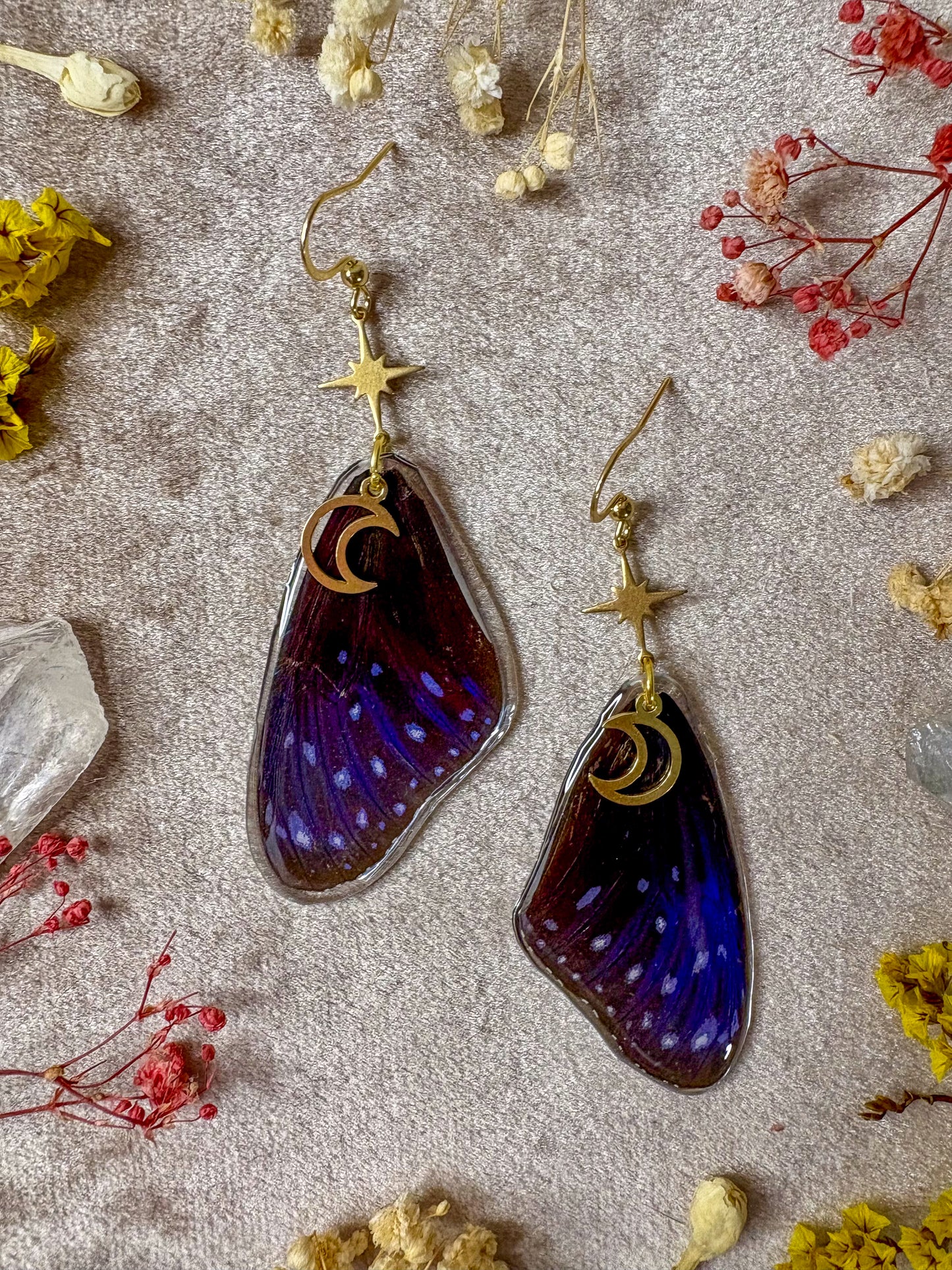 Striped Blue Crow Butterfly Wing Earrings