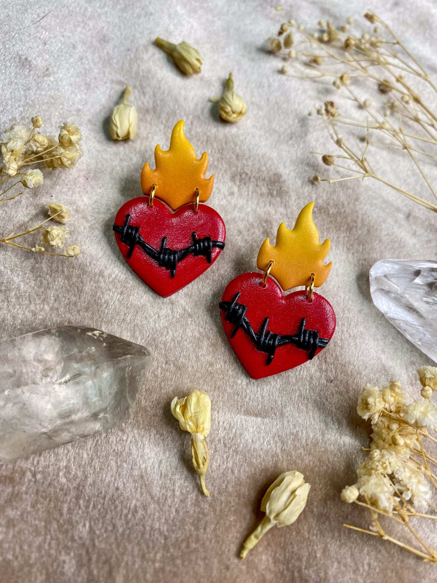 Barb Wire Flaming Heart Stud Earrings