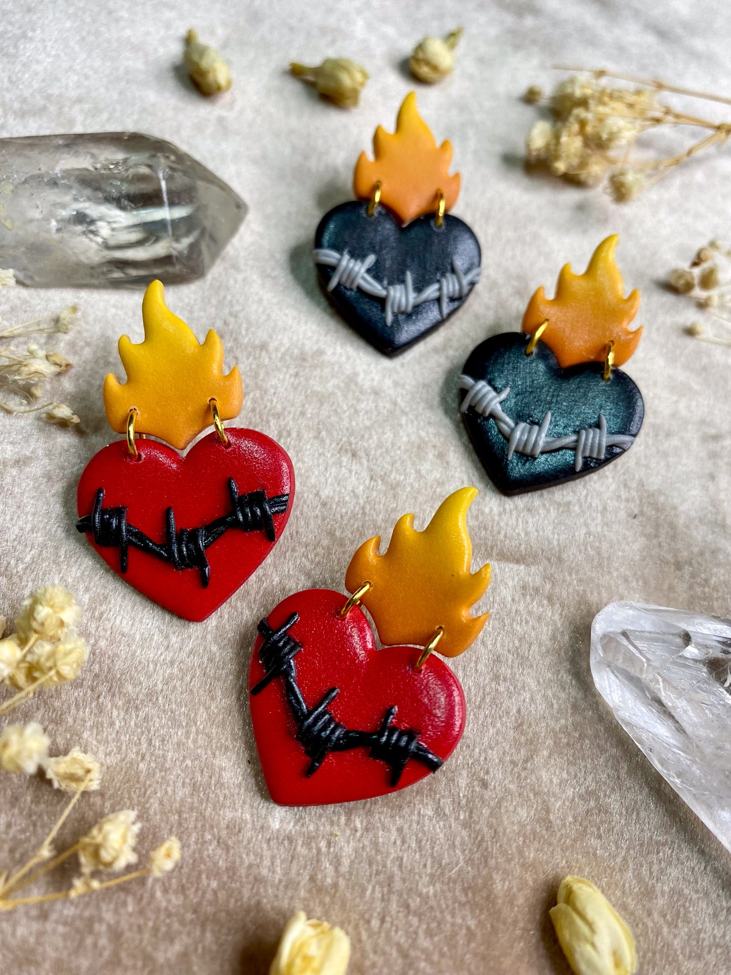polymer clay barb wire heart stud earrings