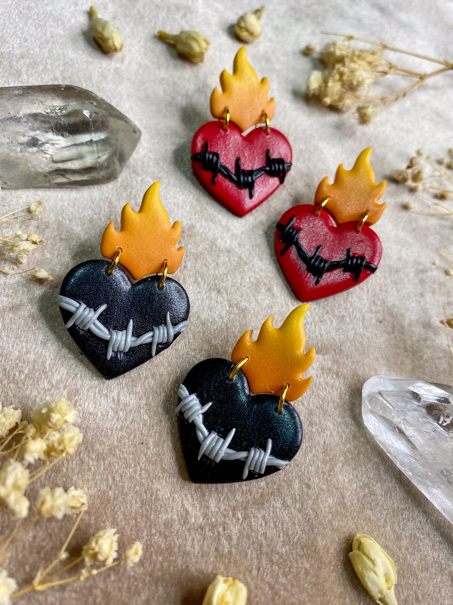 Barb Wire Flaming Heart Stud Earrings