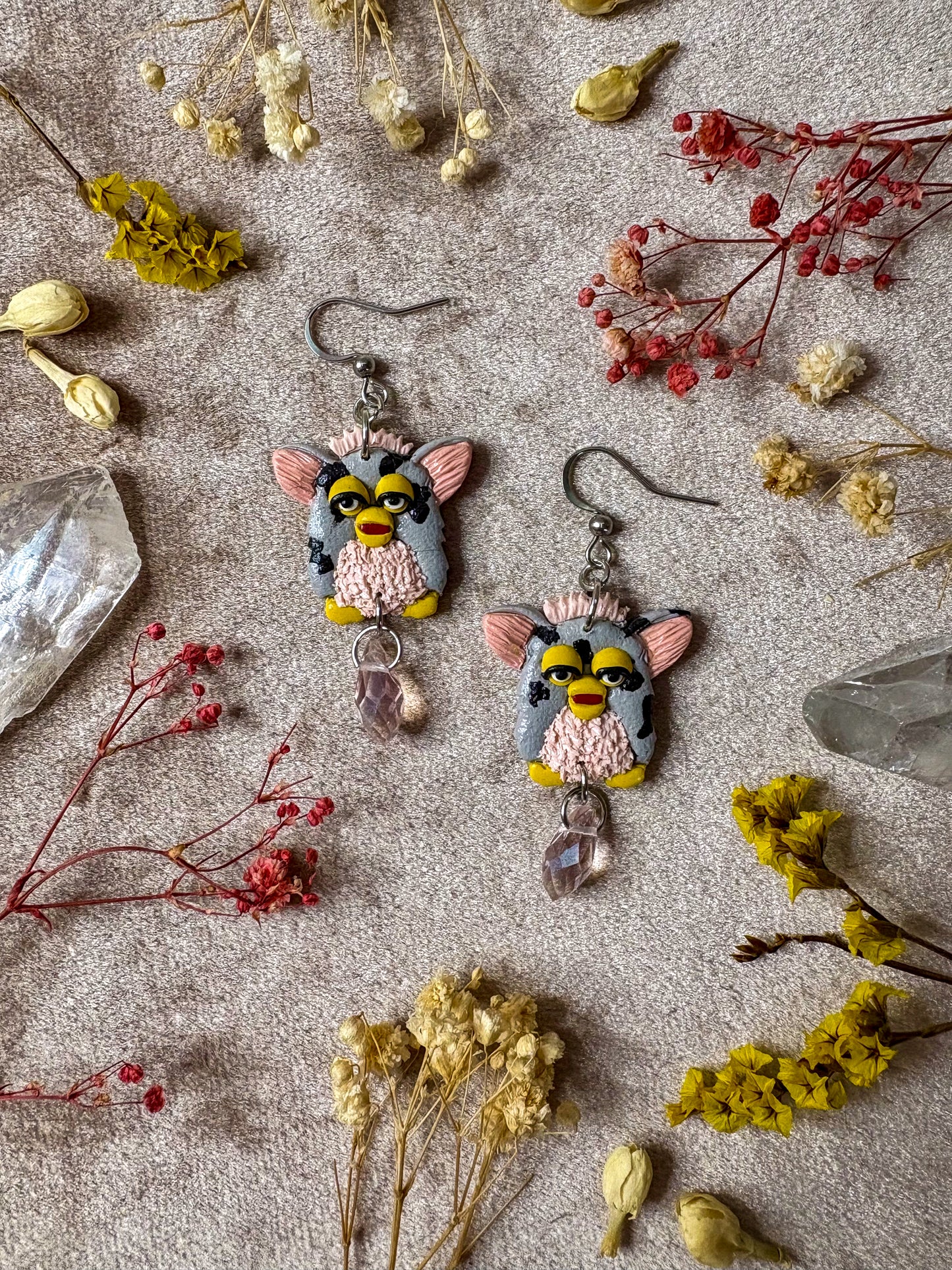 Gray Spotted Furby Earrings