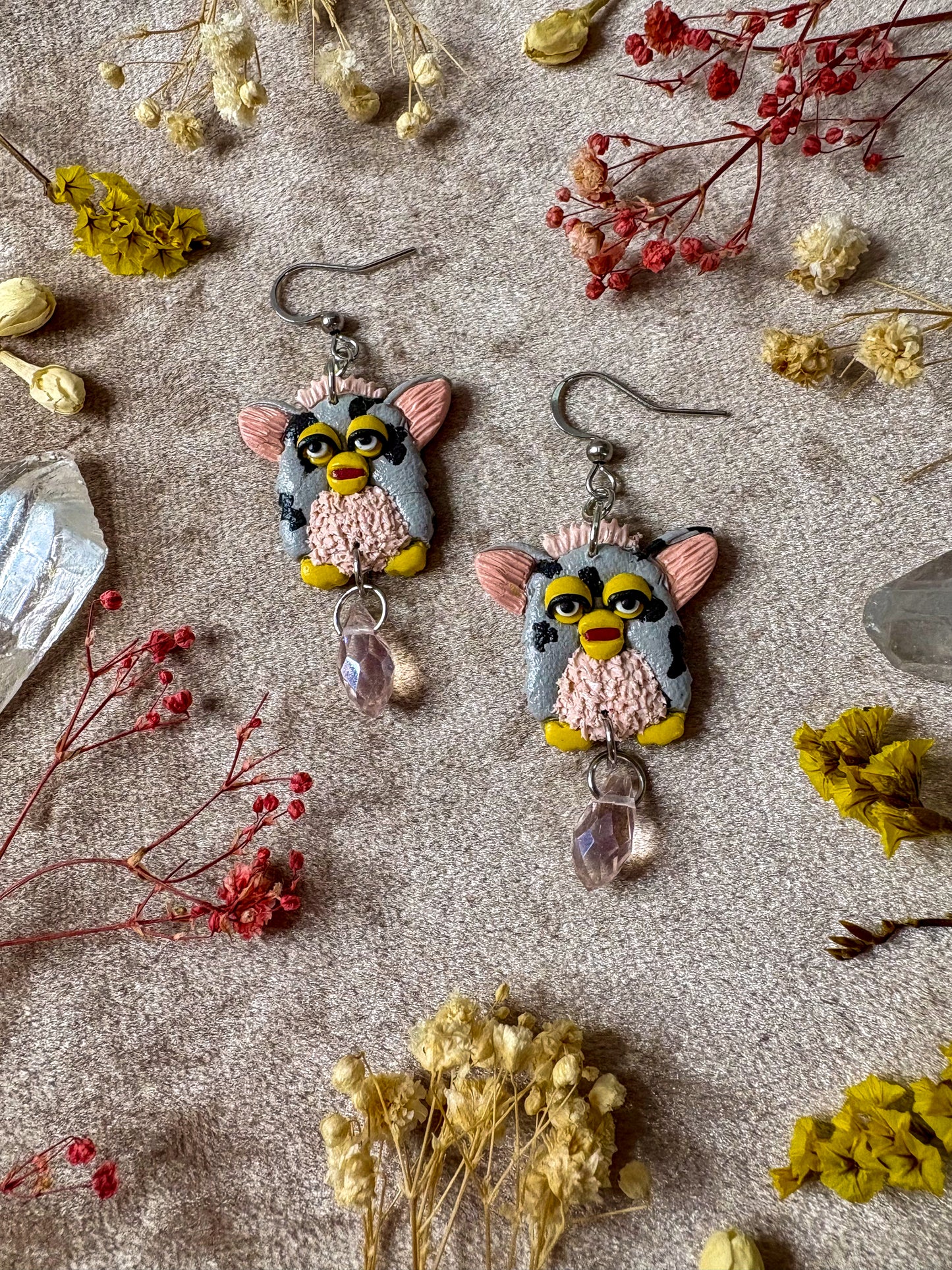 Gray Spotted Furby Earrings