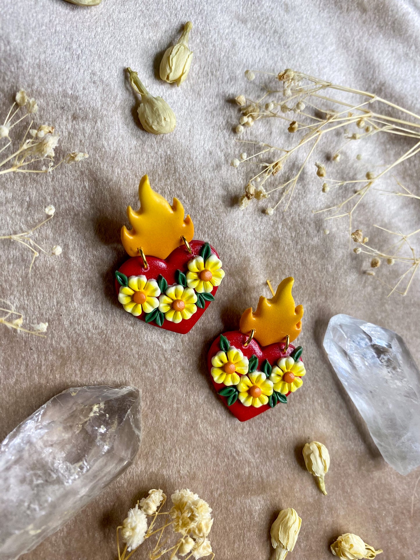 Flaming Floral Heart Stud Earrings