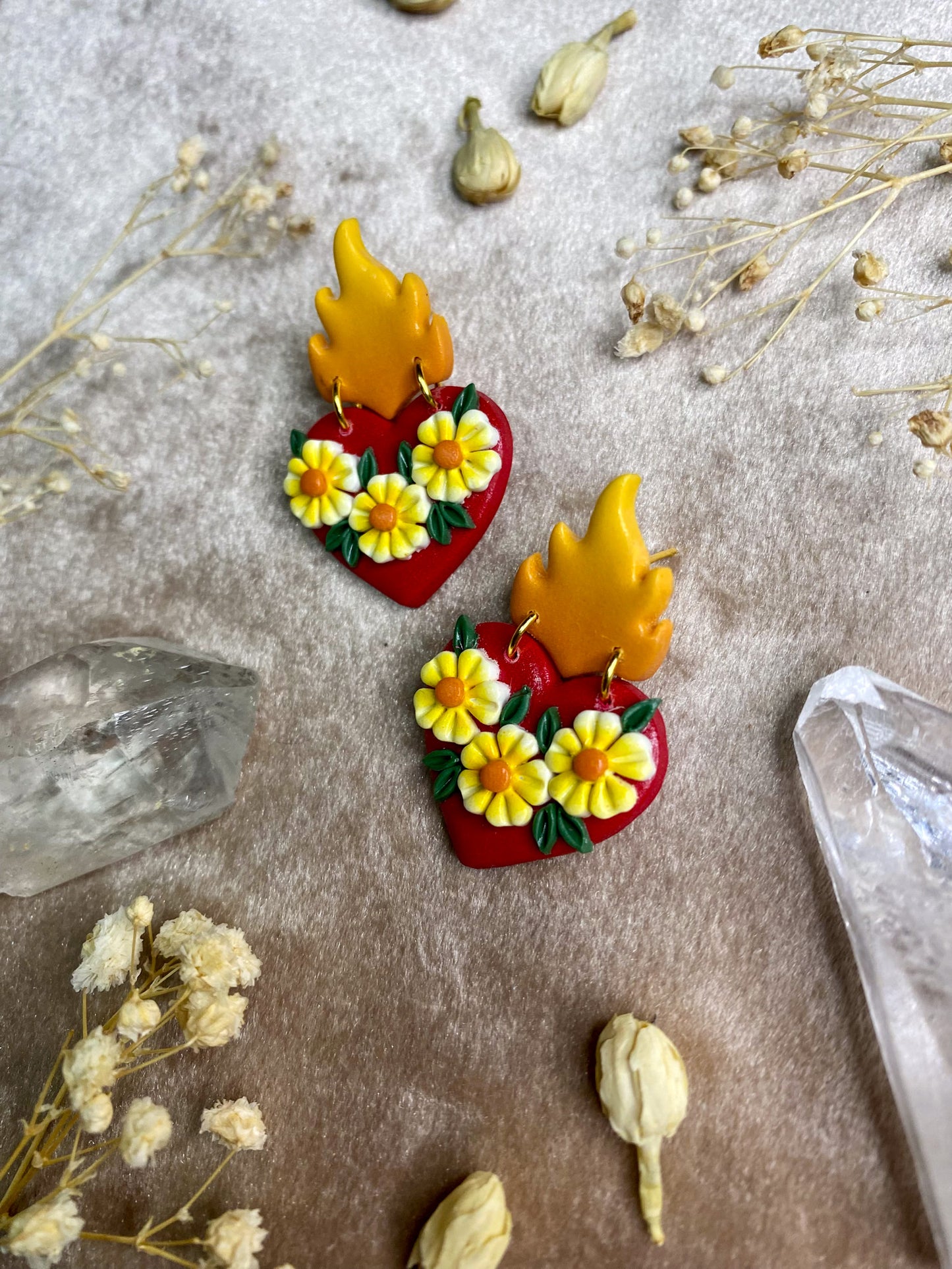 Flaming Floral Heart Stud Earrings