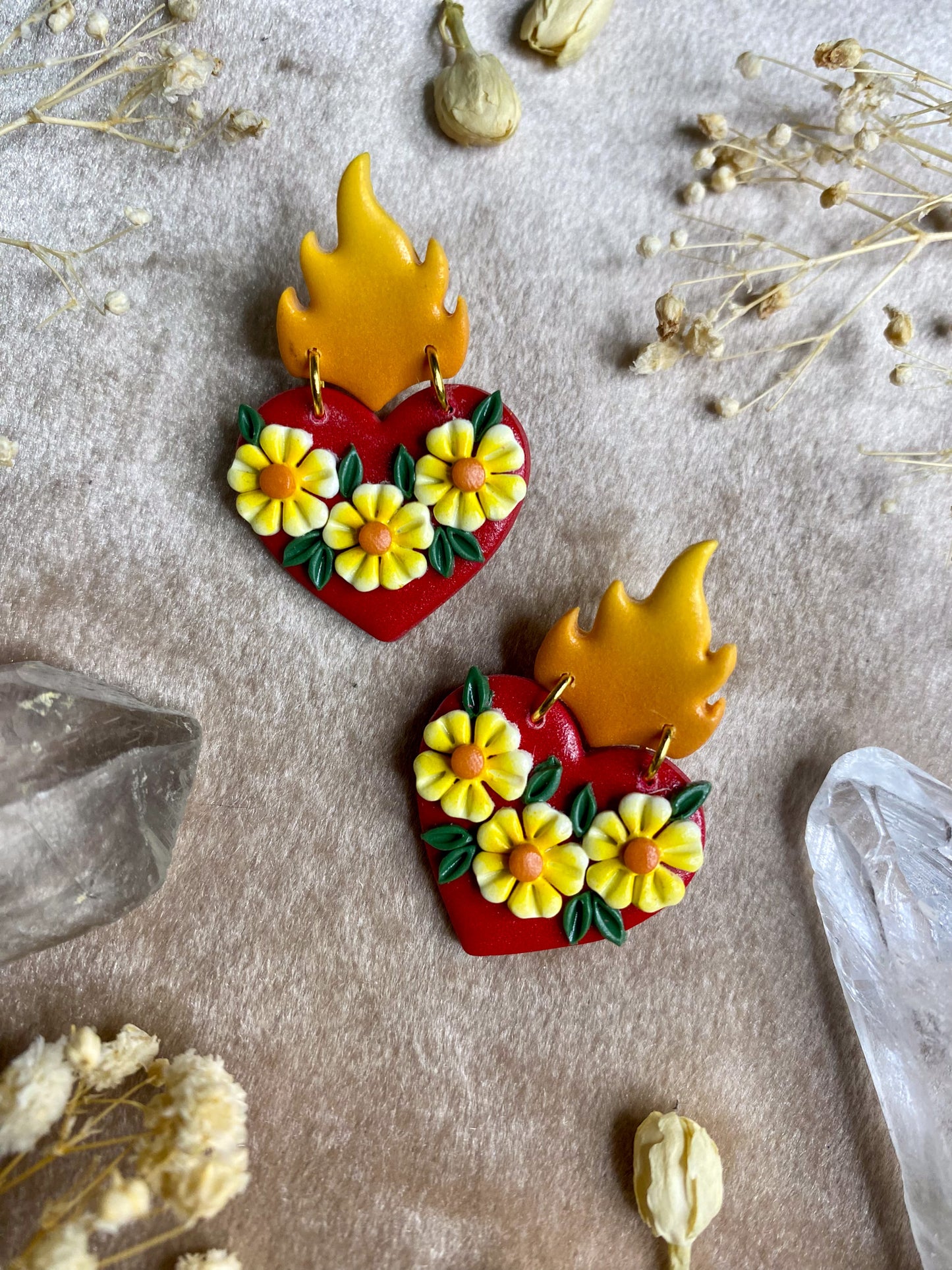 Flaming Floral Heart Stud Earrings